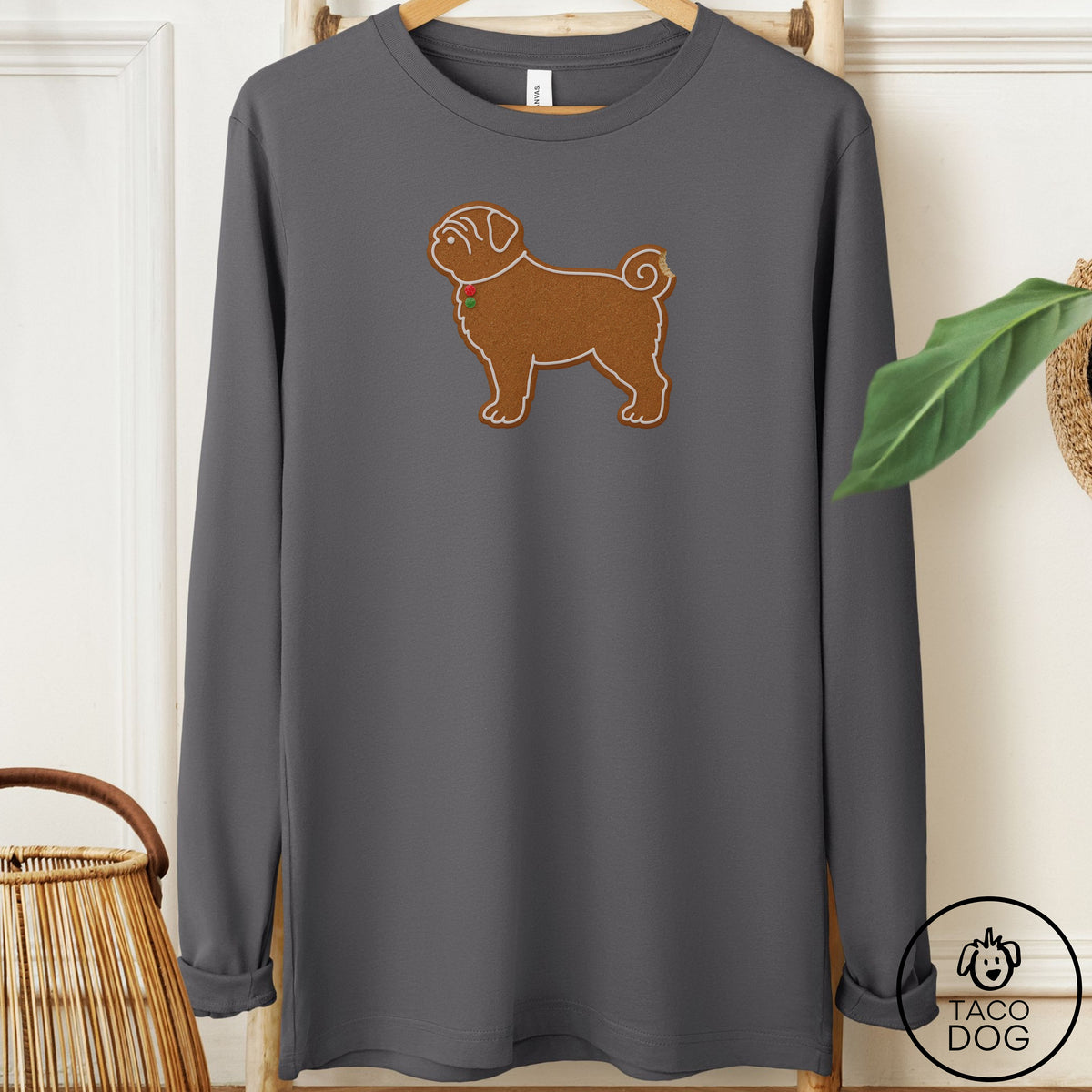 Pug Gingerbread Long Sleeve Tee Asphalt Taco-Dog