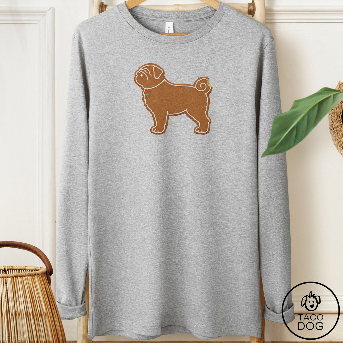 Pug Gingerbread Long Sleeve Tee Athletic Heather Taco-Dog