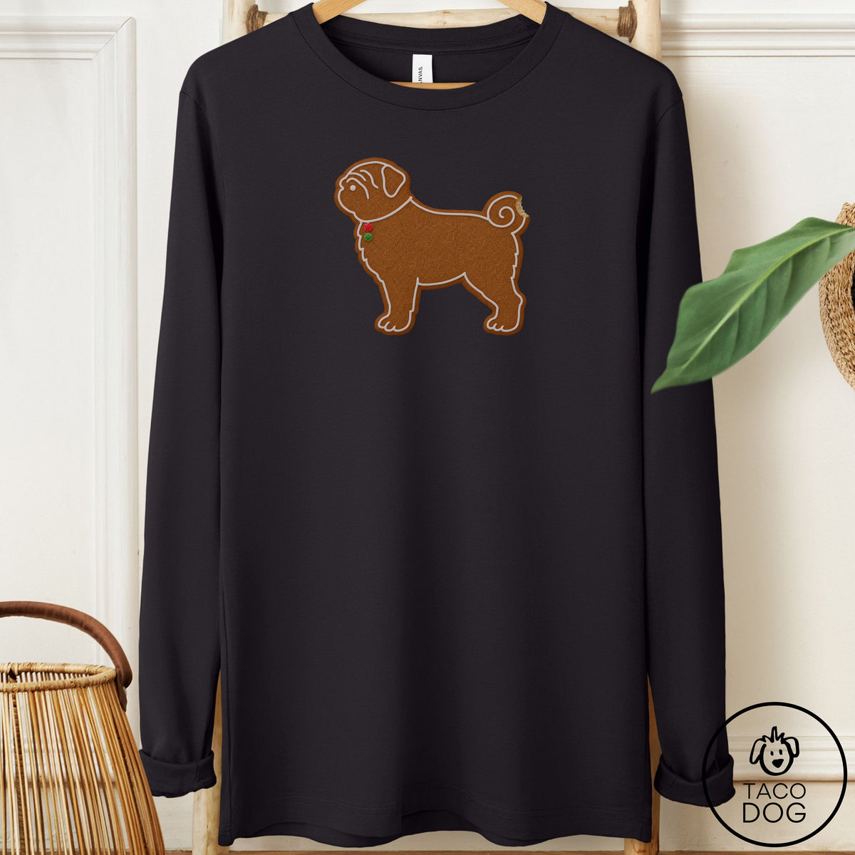 Pug Gingerbread Long Sleeve Tee Black Taco-Dog