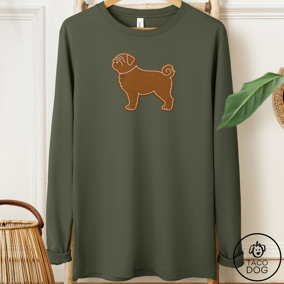 Pug Gingerbread Long Sleeve Tee Military Green Taco-Dog