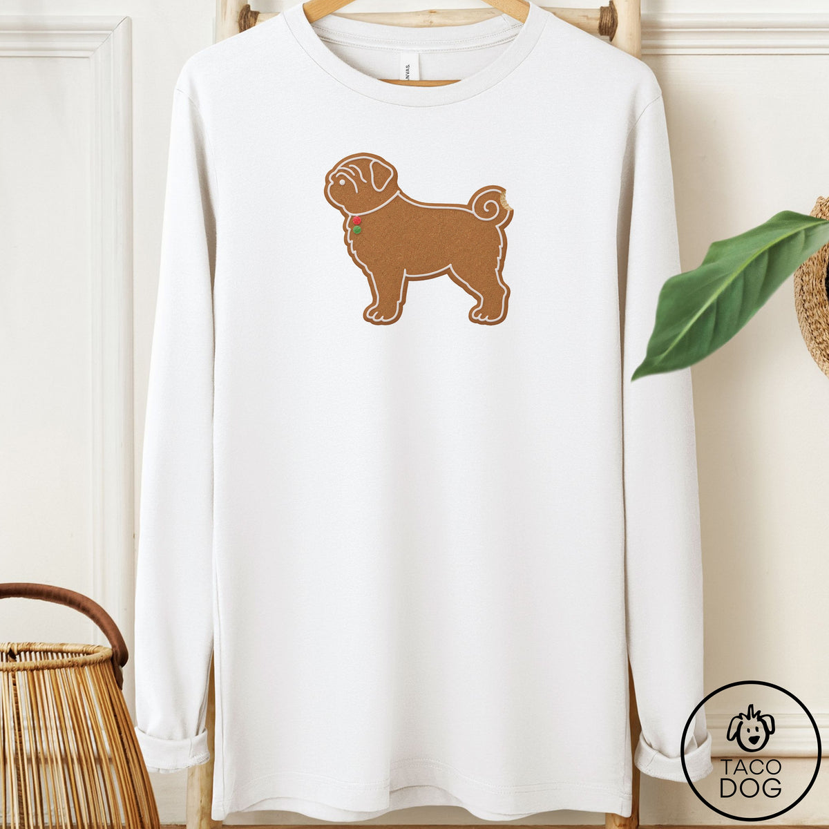 Pug Gingerbread Long Sleeve Tee White Taco-Dog