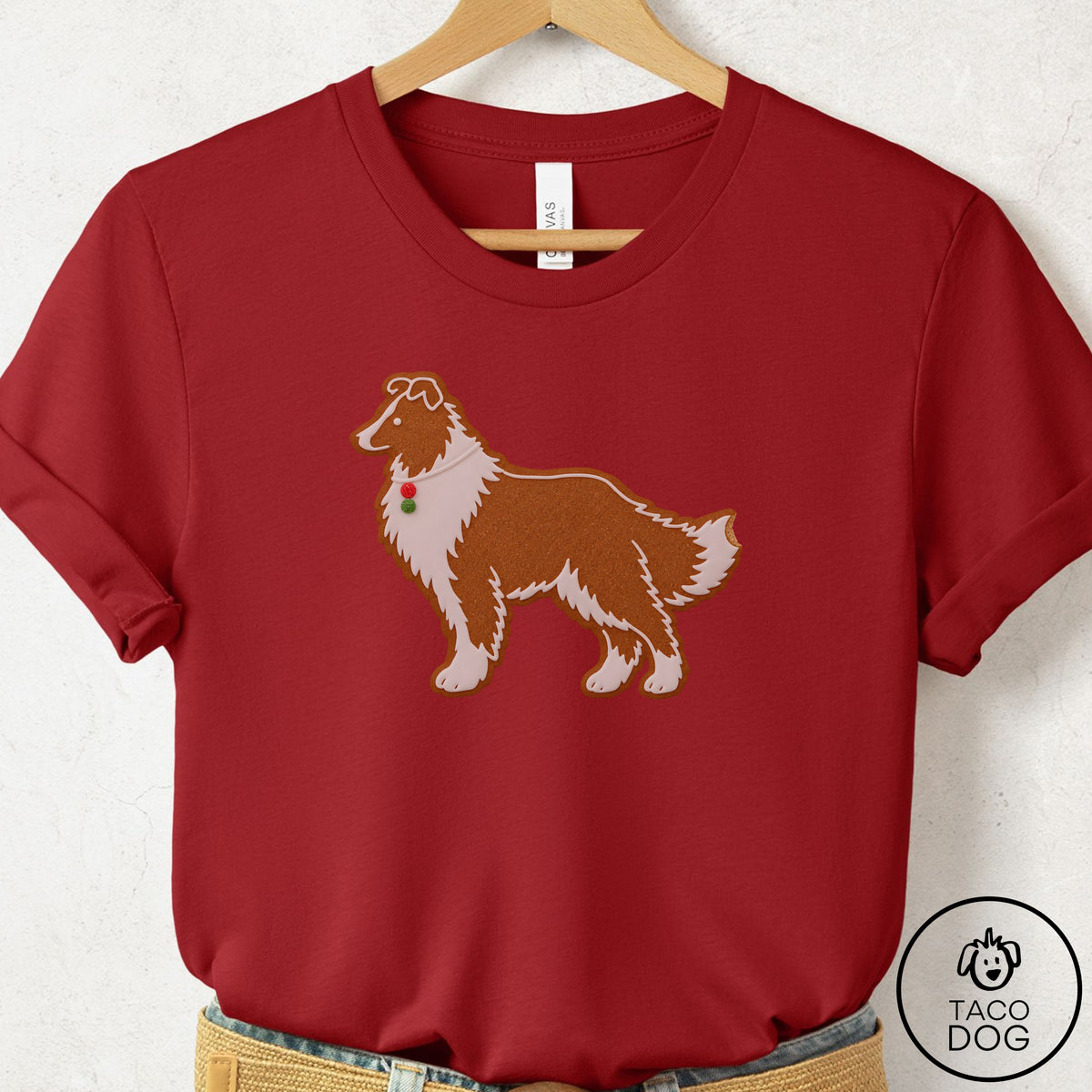 Shetland Sheepdog Gingerbread T-Shirt Canvas Red Taco-Dog