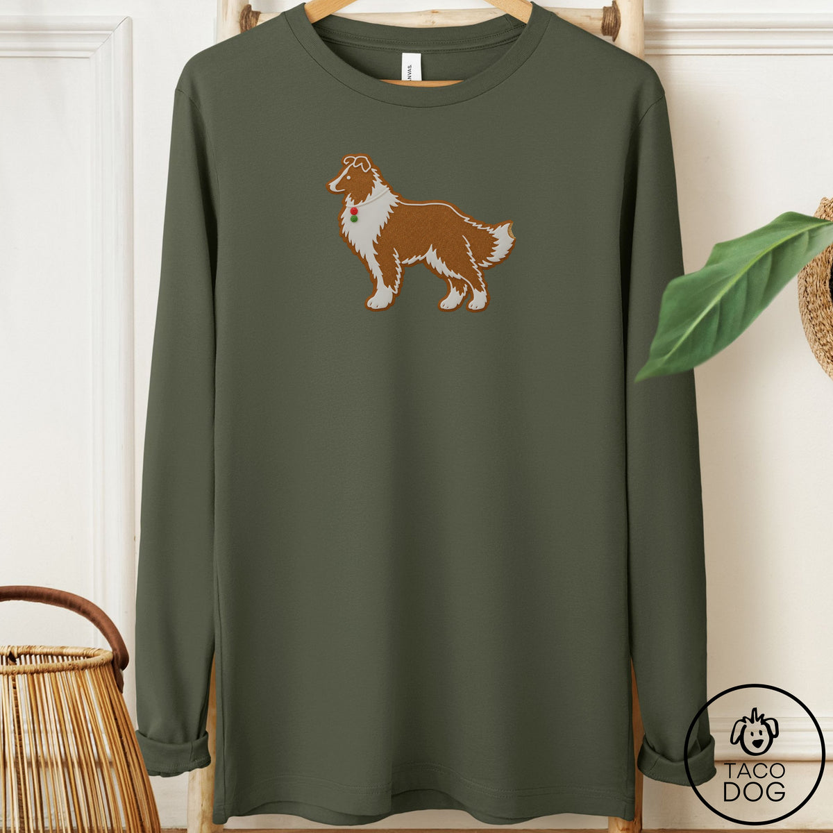 Shetland Sheepdog Gingerbread Long Sleeve Tee Military Green Taco-Dog
