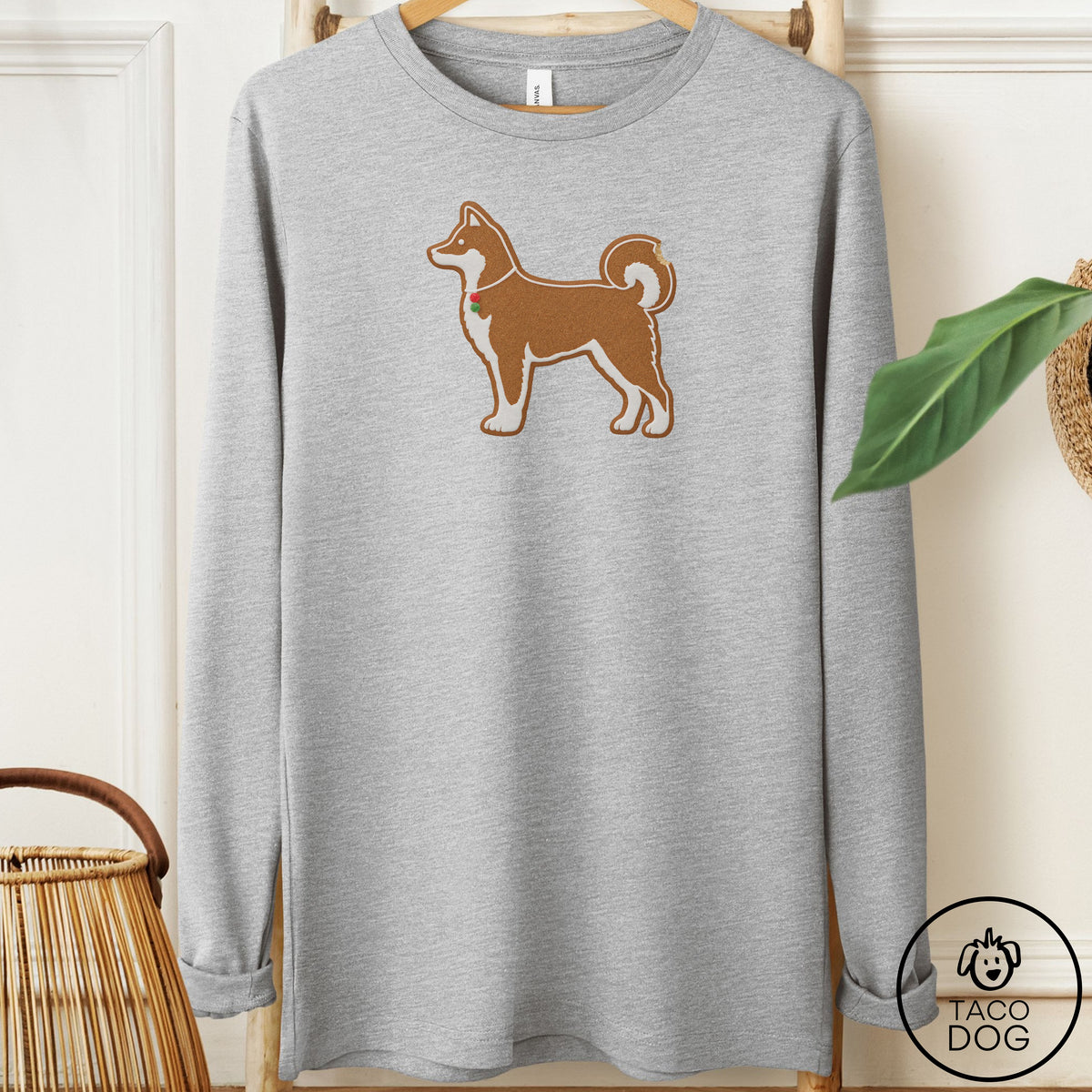Shiba Inu Gingerbread Long Sleeve Tee Athletic Heather Taco-Dog