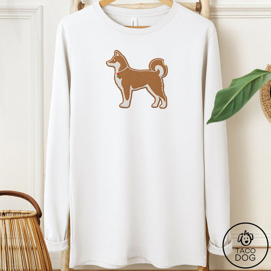 Shiba Inu Gingerbread Long Sleeve Tee White Taco-Dog
