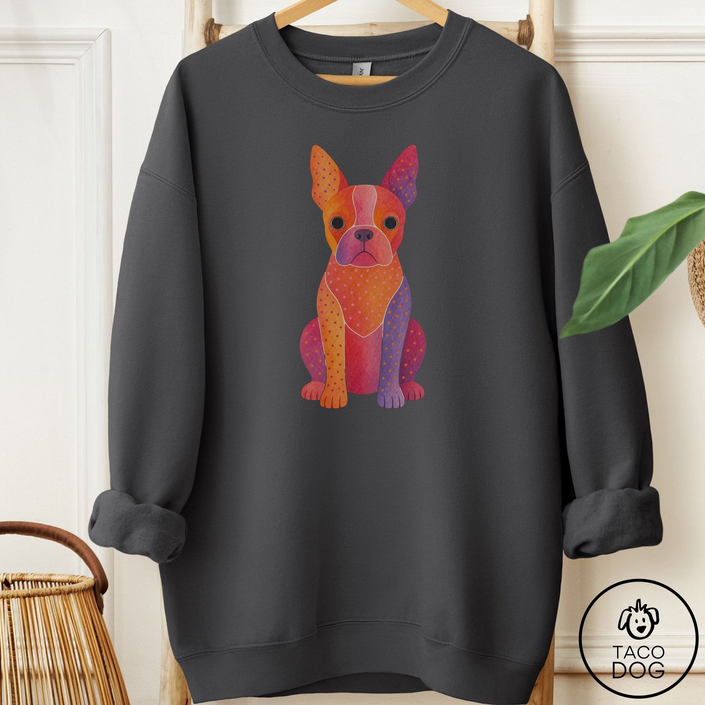 Boston Terrier Gouache Sweatshirt Charcoal Taco-Dog