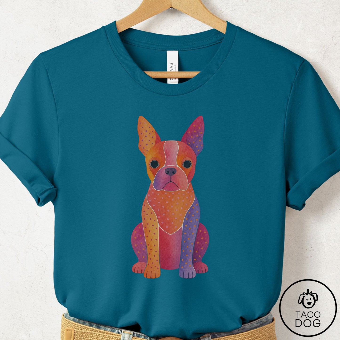 Boston Terrier Gouache T-Shirt Deep Teal Taco-Dog
