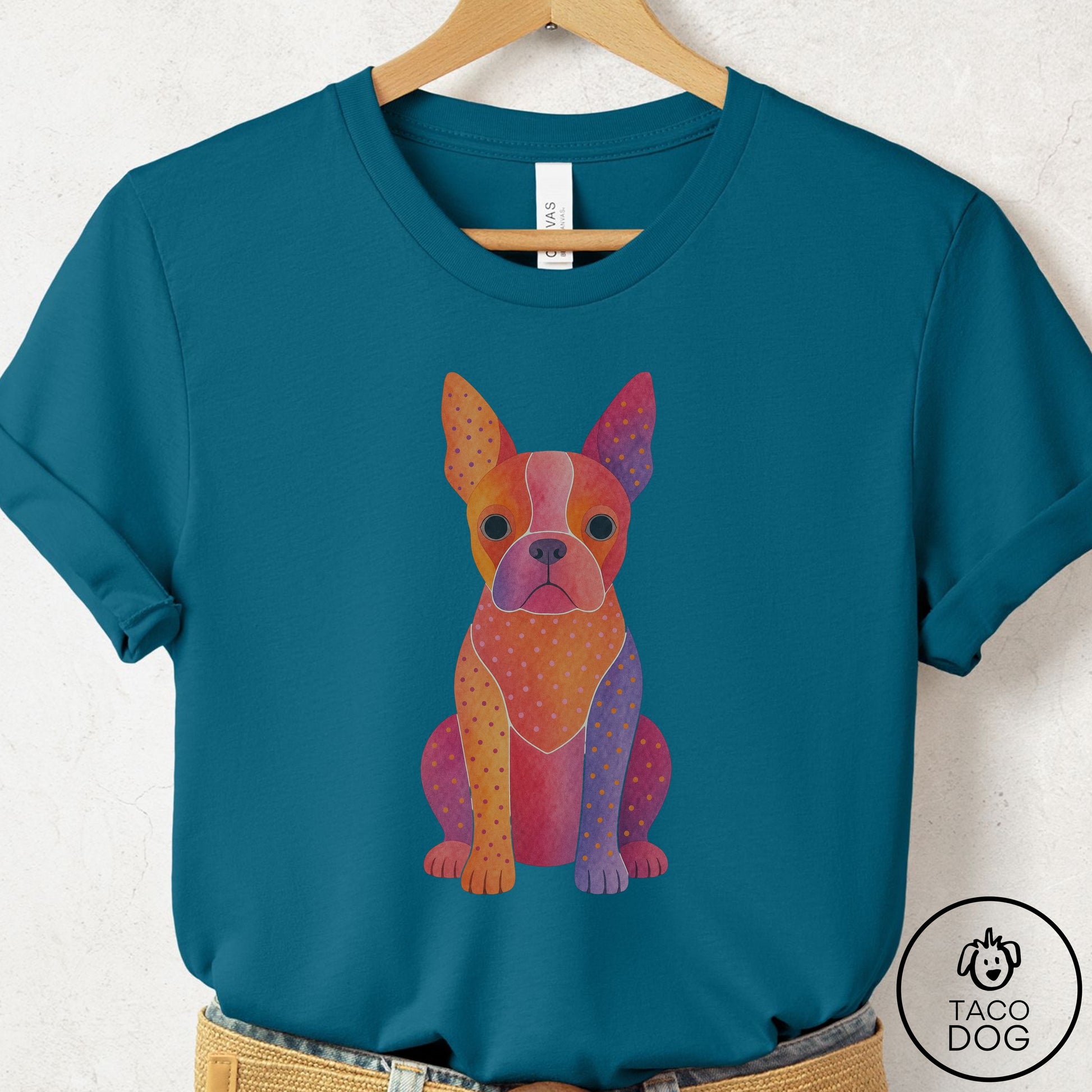 Boston Terrier Gouache T-Shirt Deep Teal Taco-Dog
