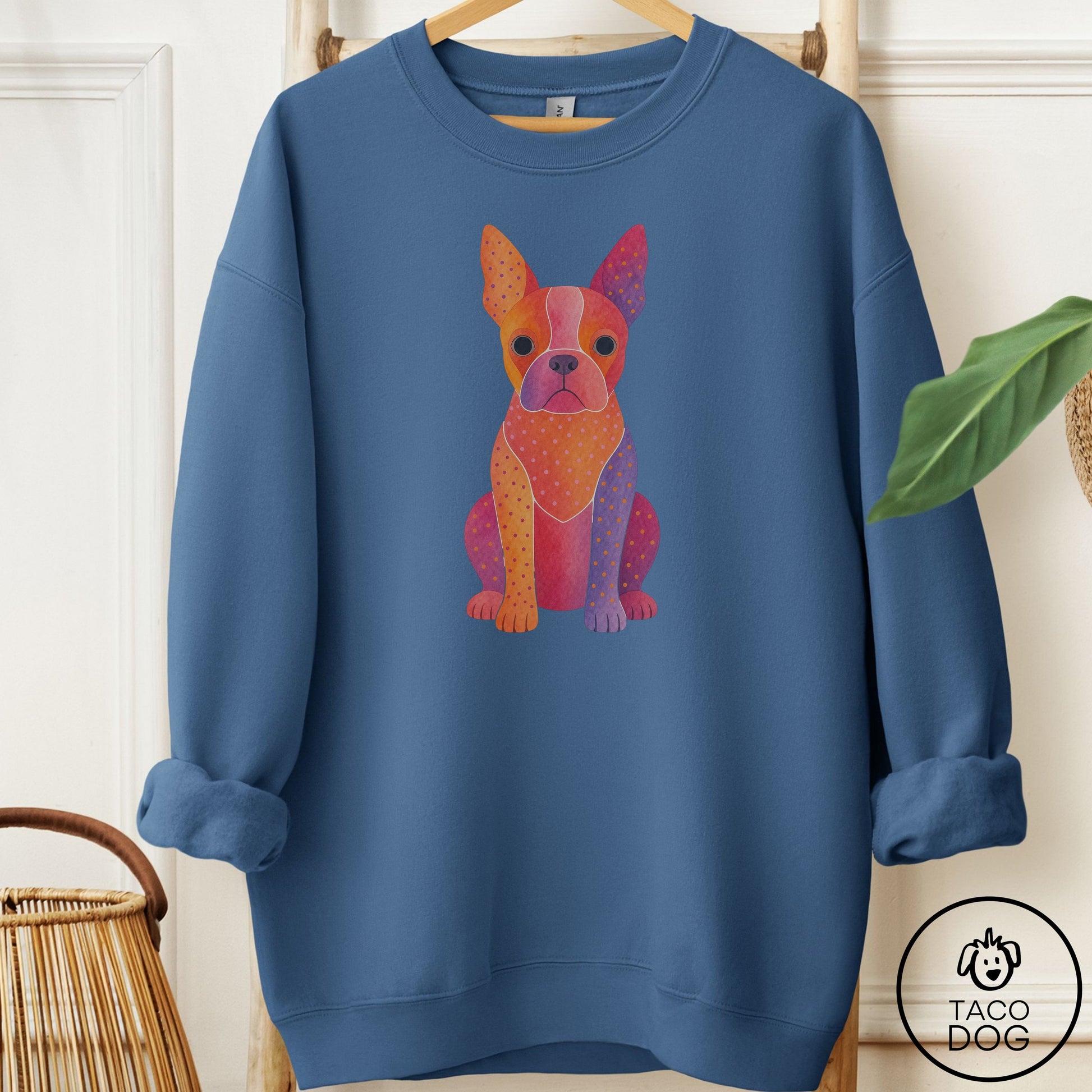 Boston Terrier Gouache Sweatshirt Indigo Blue Taco-Dog