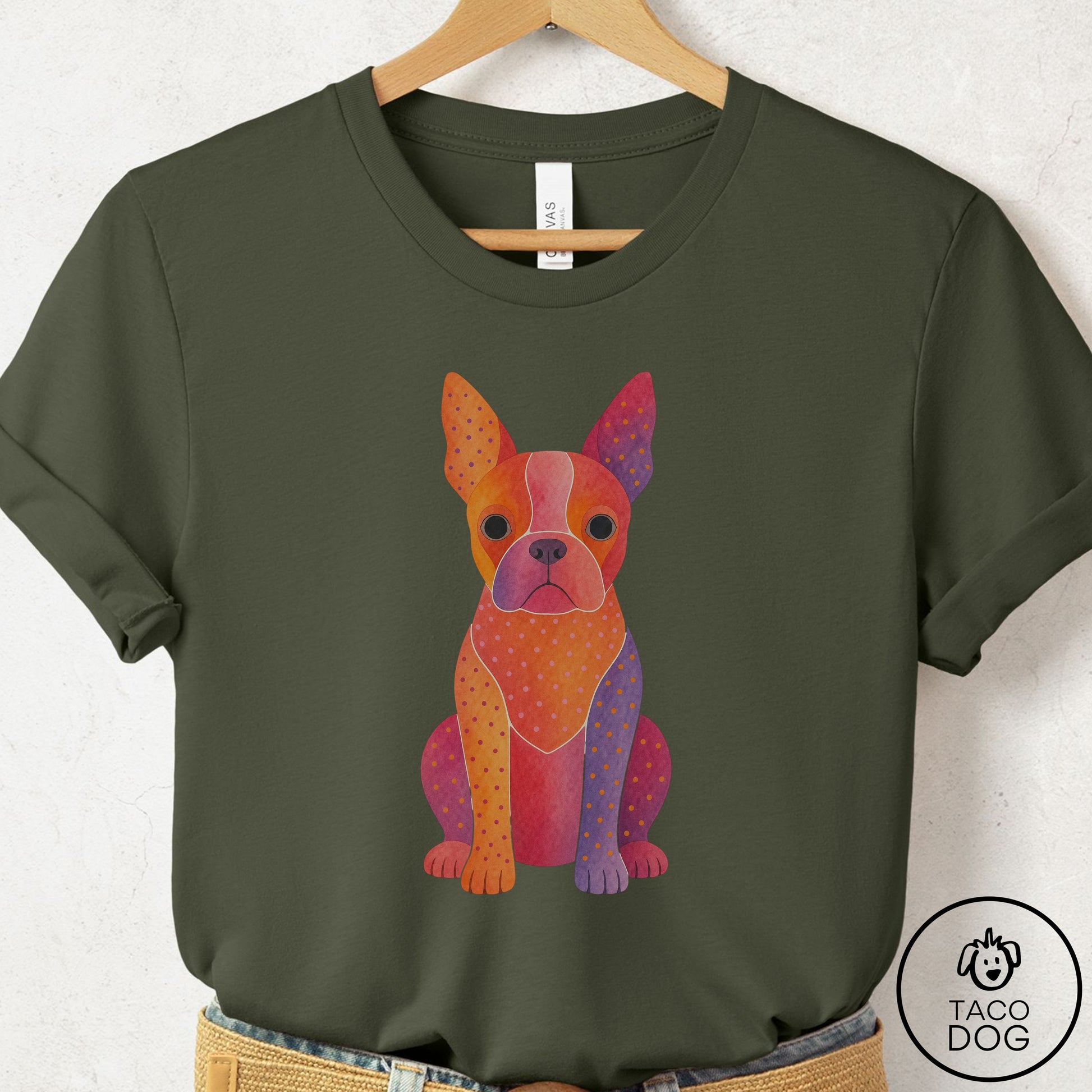 Boston Terrier Gouache T-Shirt Military Green Taco-Dog