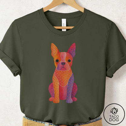Boston Terrier Gouache T-Shirt Military Green Taco-Dog
