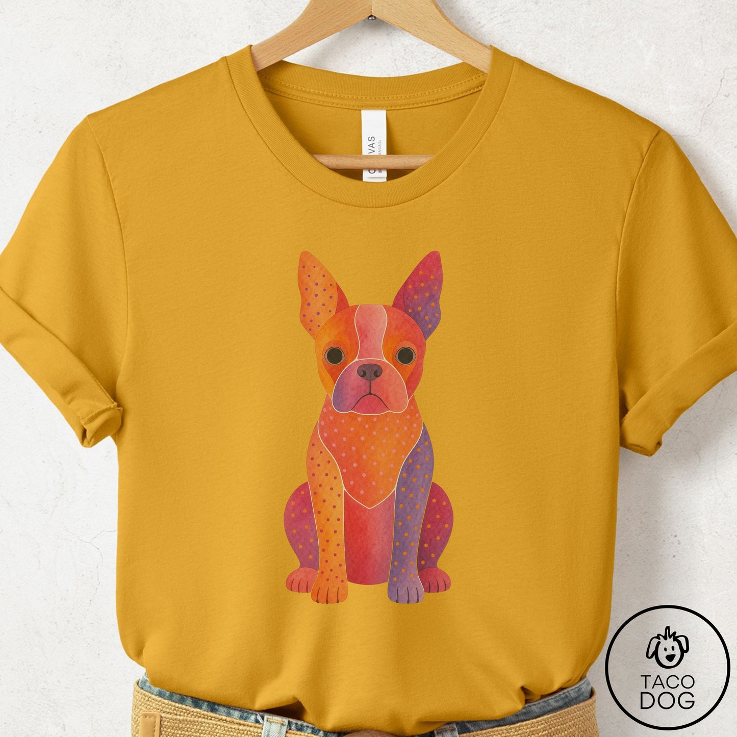 Boston Terrier Gouache T-Shirt Mustard Taco-Dog