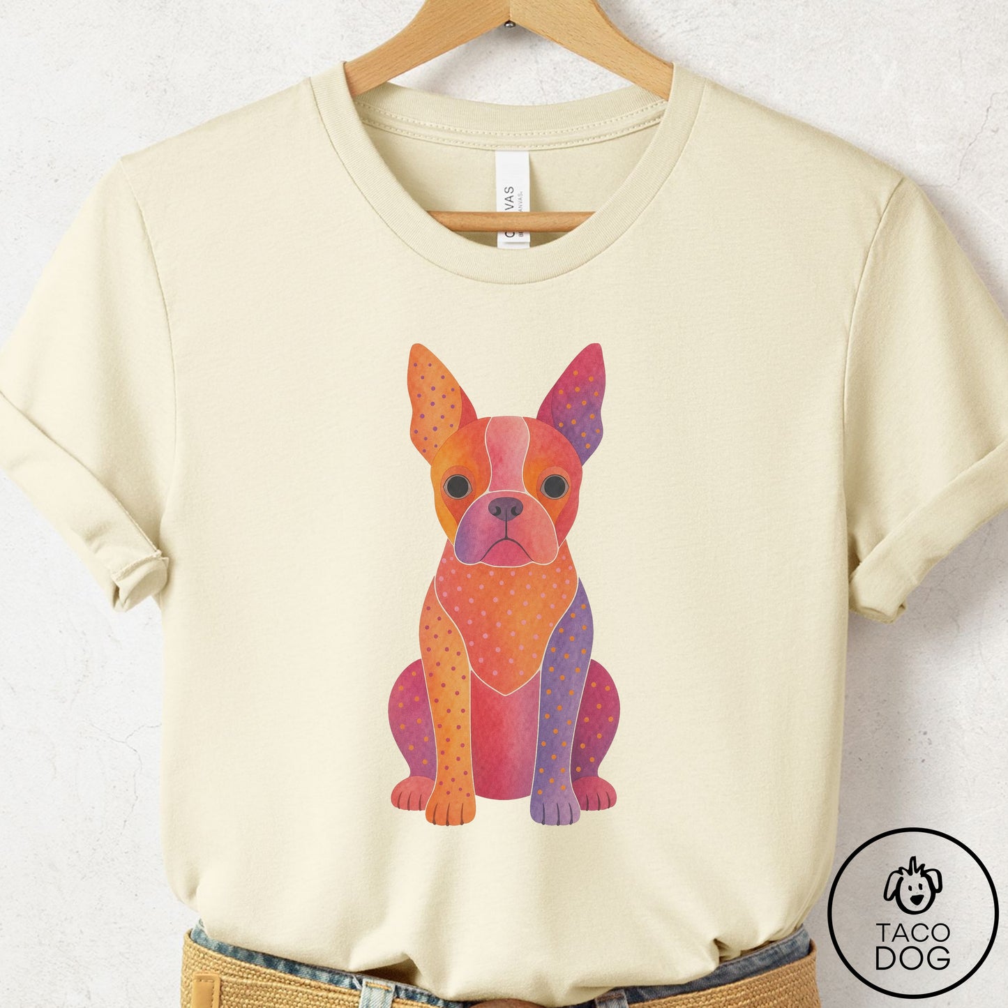 Boston Terrier Gouache T-Shirt Natural Taco-Dog
