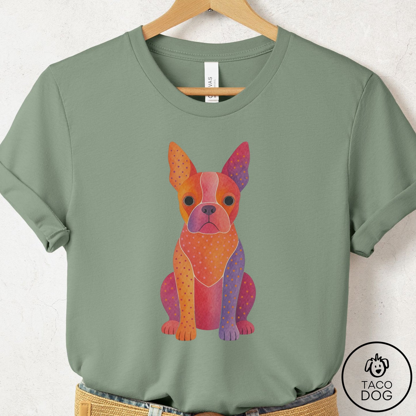 Boston Terrier Gouache T-Shirt Sage Taco-Dog