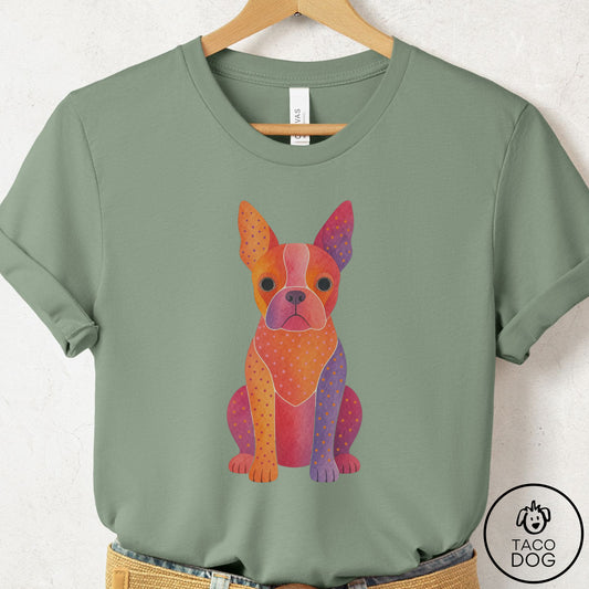 Boston Terrier Gouache T-Shirt Sage Taco-Dog
