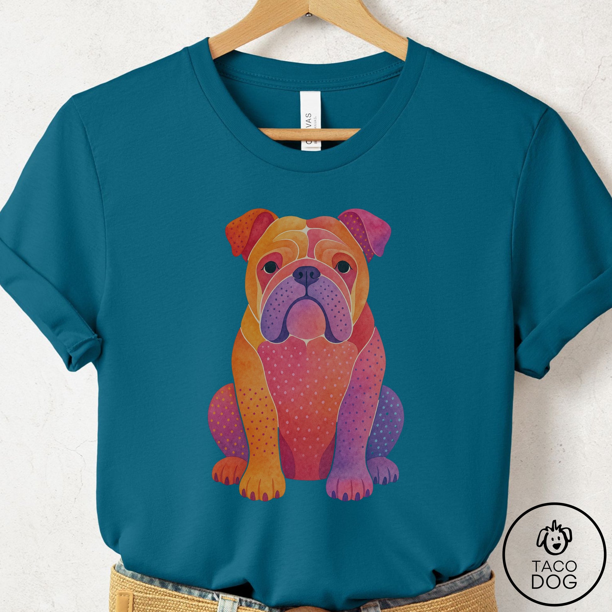 English Bulldog Gouache T-Shirt Deep Teal Taco-Dog