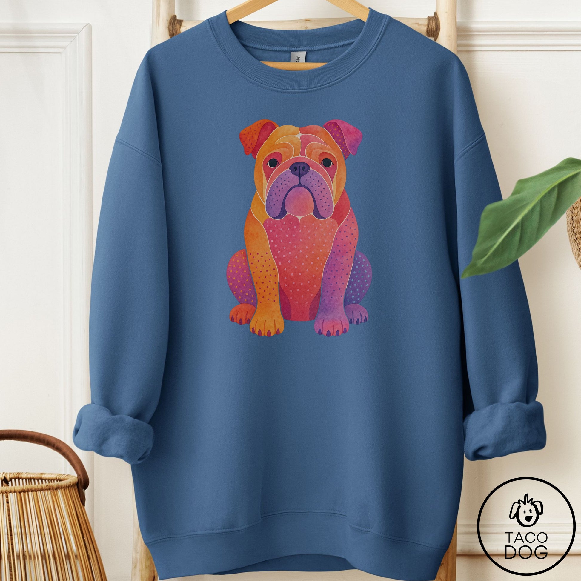 English Bulldog Gouache Sweatshirt Indigo Blue Taco-Dog