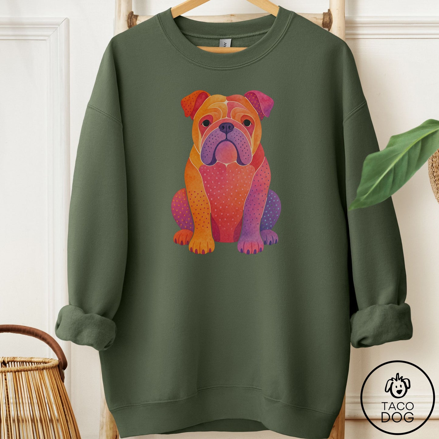 English Bulldog Gouache Sweatshirt Military Green Taco-Dog