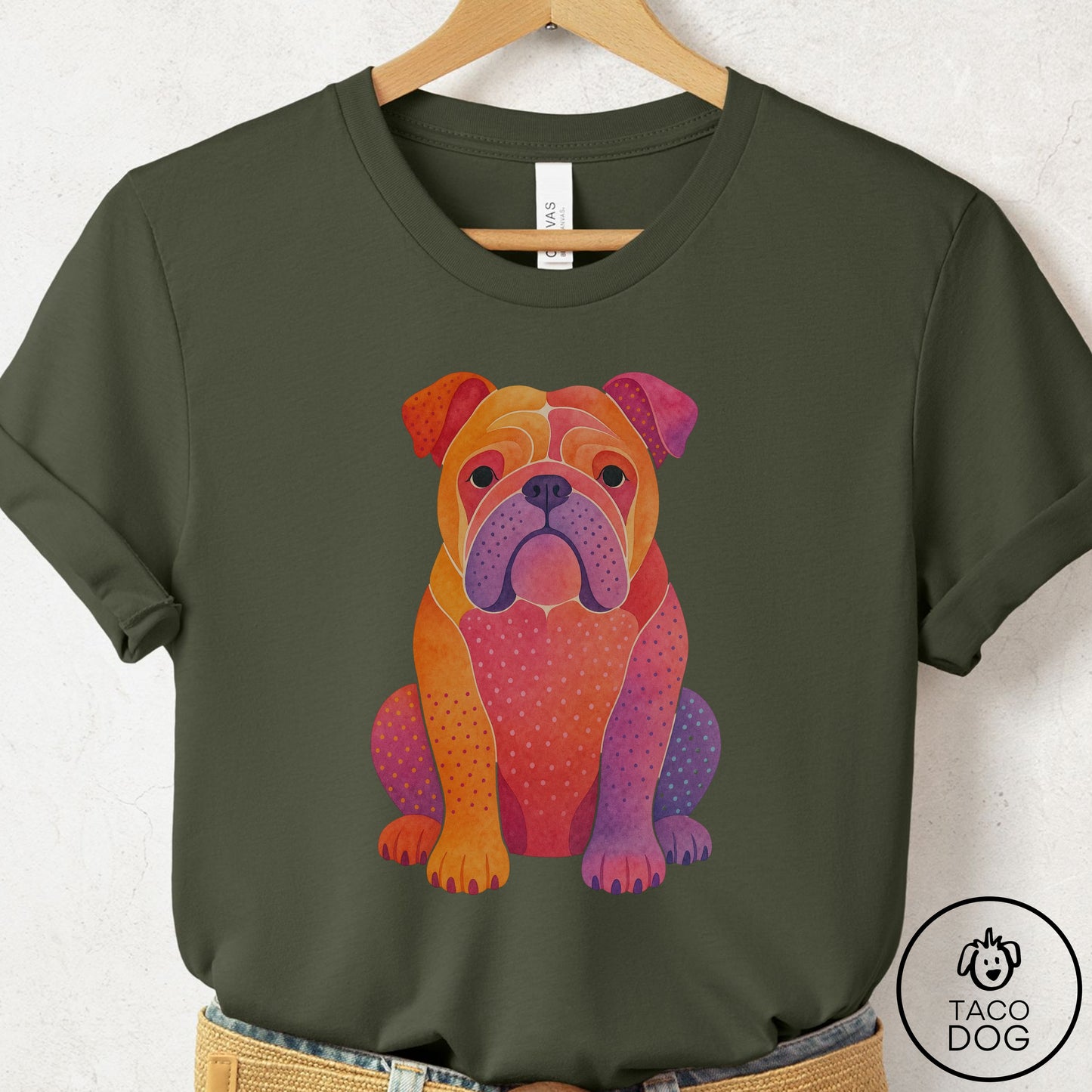 English Bulldog Gouache T-Shirt Military Green Taco-Dog