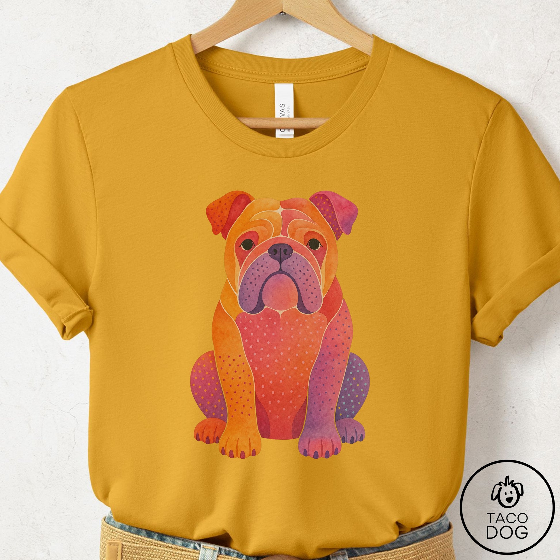 English Bulldog Gouache T-Shirt Mustard Taco-Dog