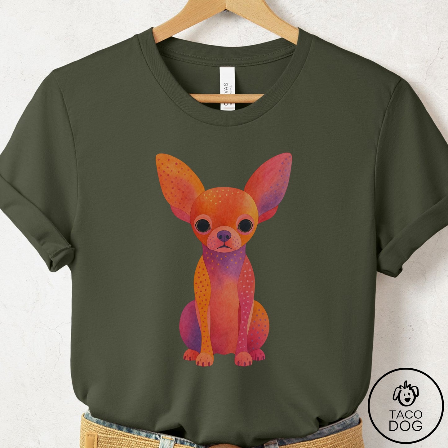 Chihuahua Gouache T-Shirt Military Green Taco-Dog