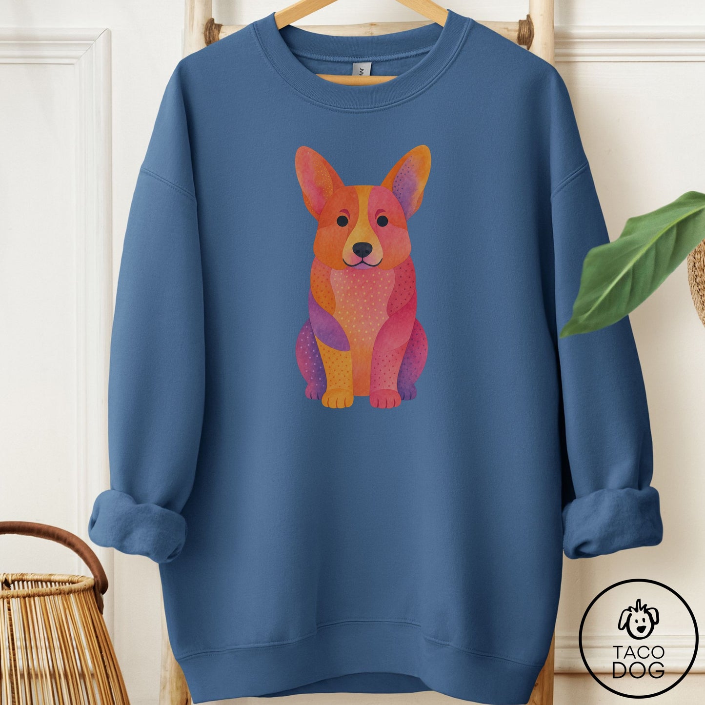 Corgi Gouache Sweatshirt Indigo Blue Taco-Dog