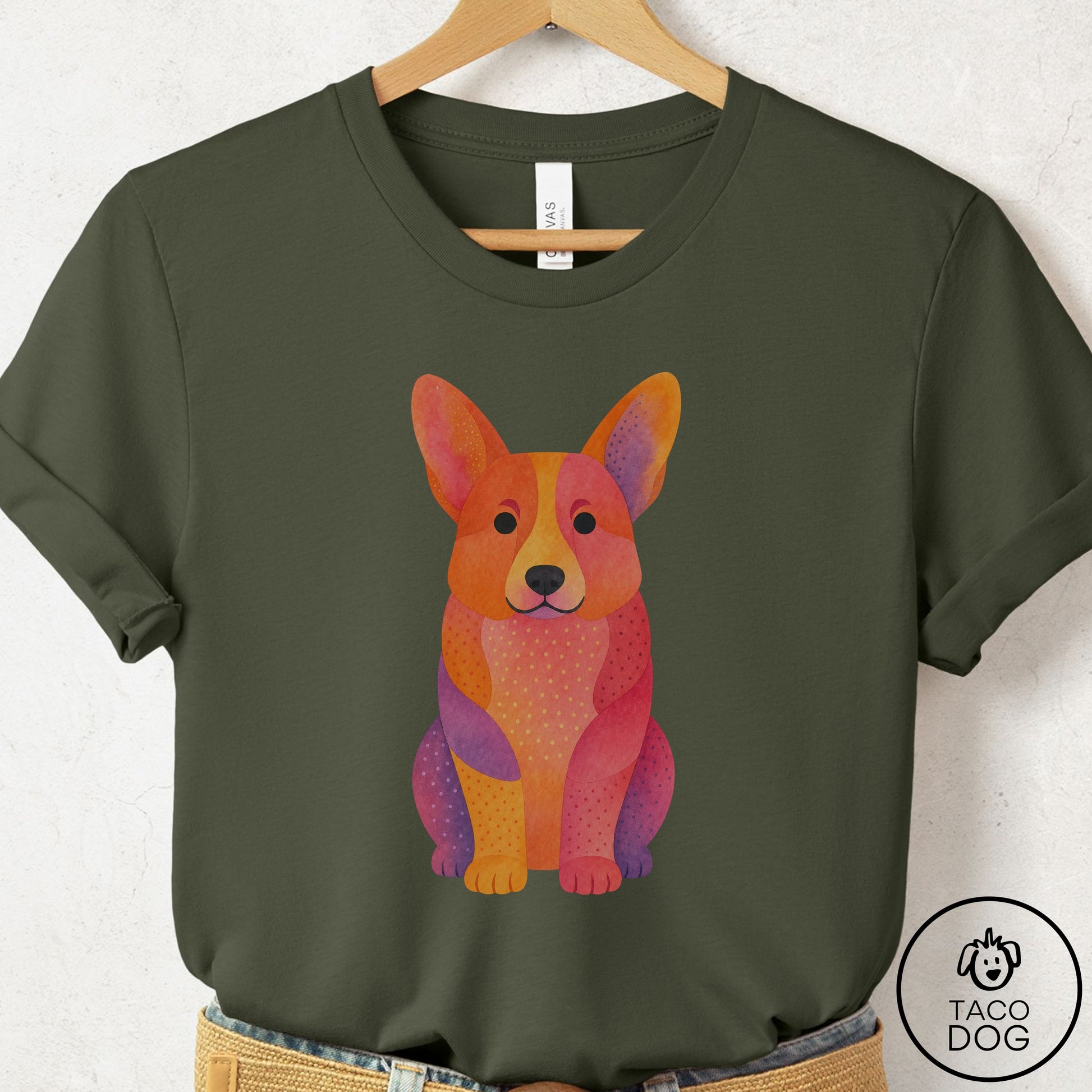 Corgi Gouache T-Shirt Military Green Taco-Dog