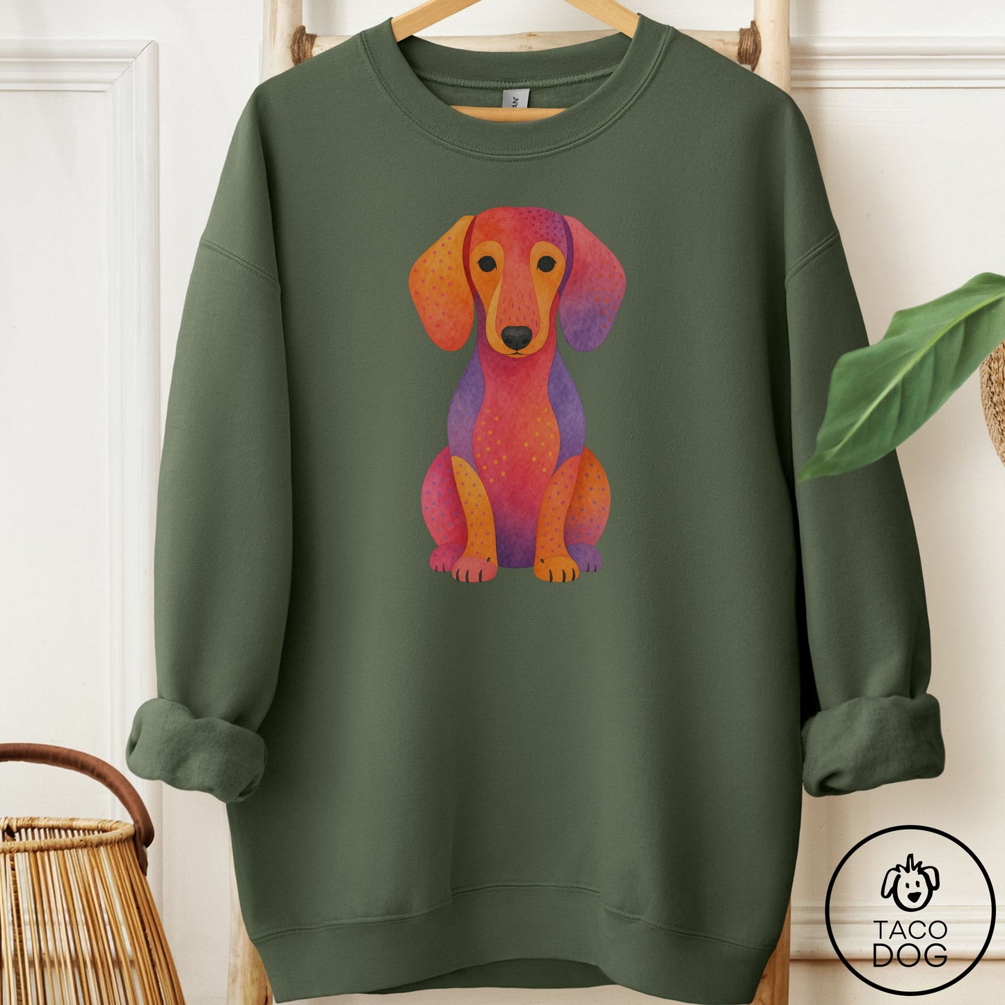 Dachshund Gouache Sweatshirt Military Green Taco-Dog
