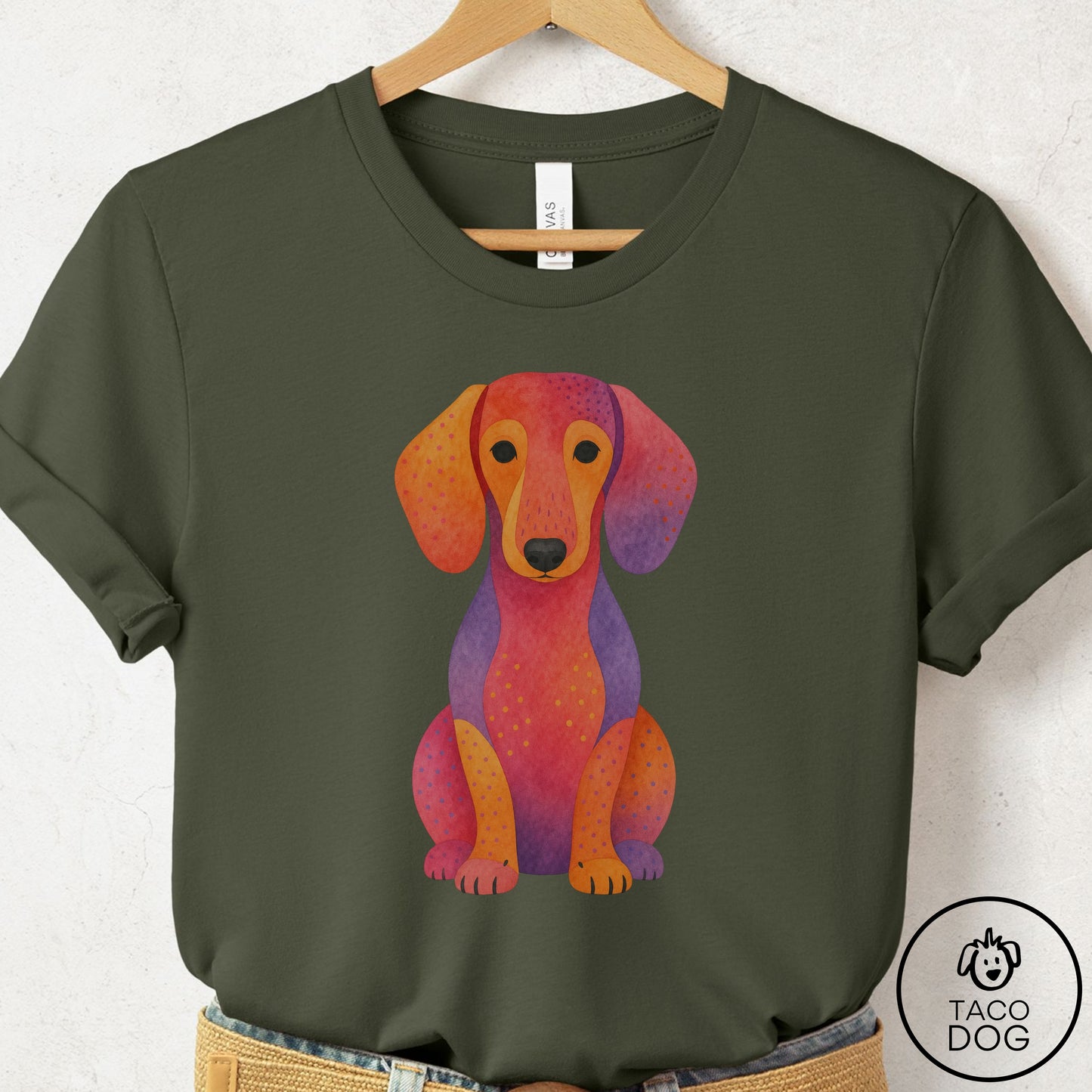 Dachshund Gouache T-Shirt Military Green Taco-Dog