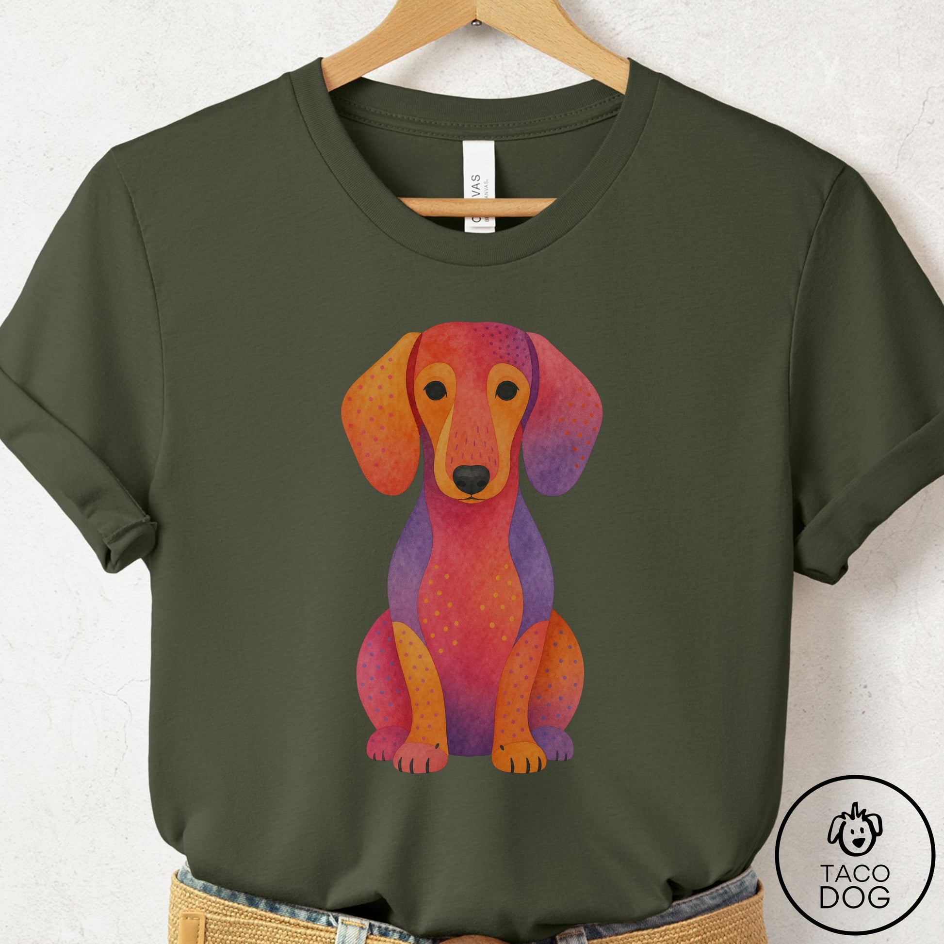Dachshund Gouache T-Shirt Military Green Taco-Dog