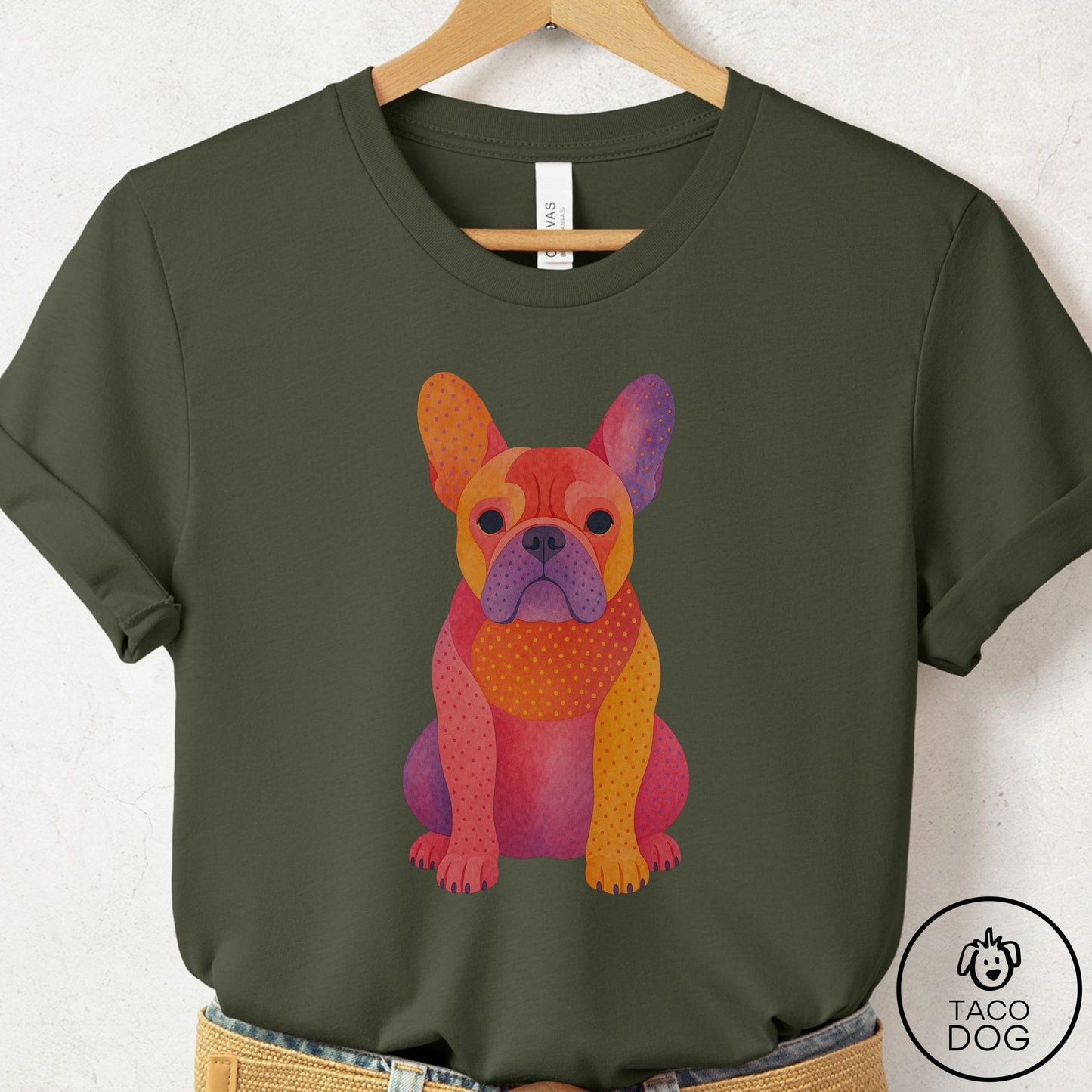 French Bulldog Frenchie Gouache T-Shirt Military Green Taco-Dog
