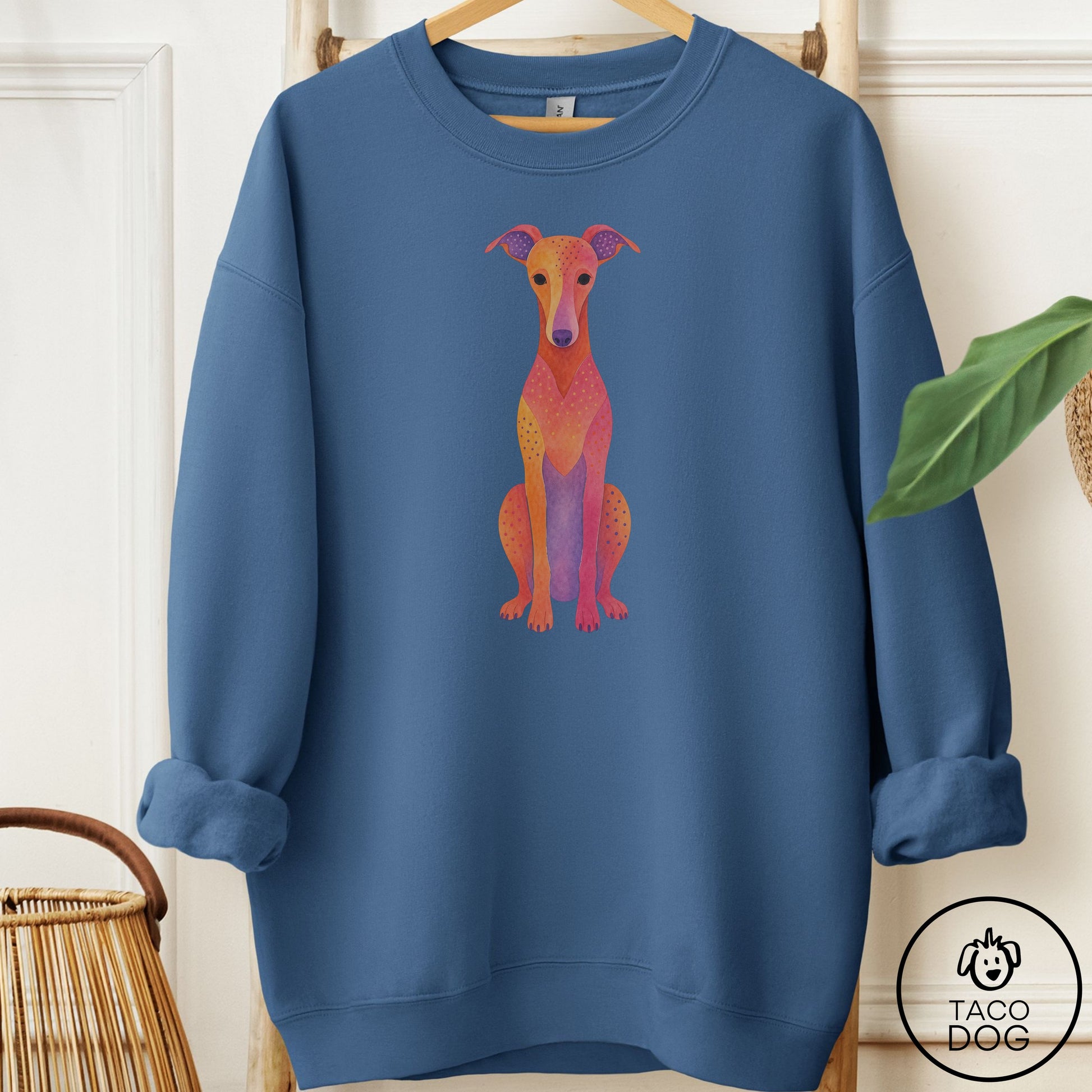 Italian Greyhound Whippet Gouache Sweatshirt Indigo Blue Taco-Dog