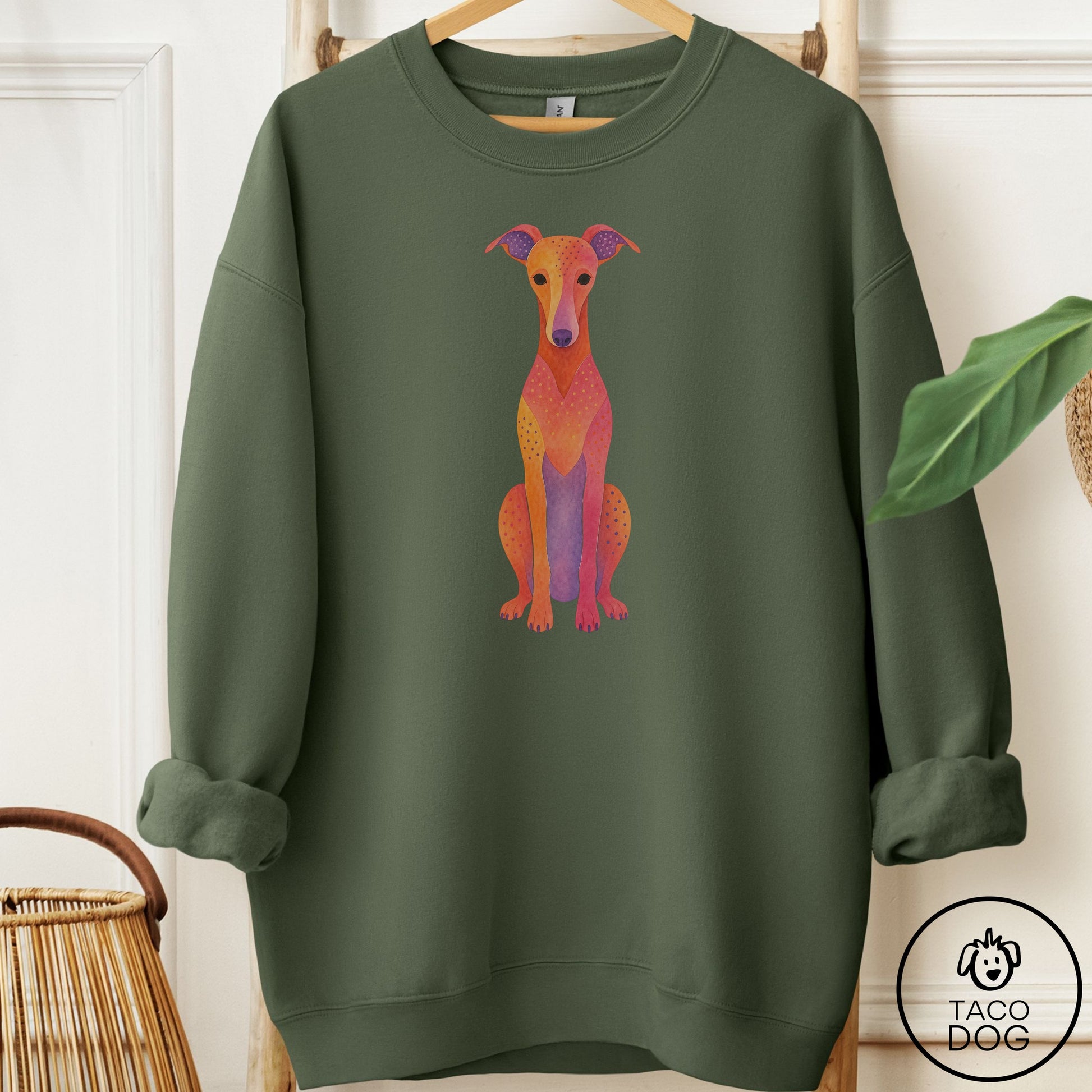 Italian Greyhound Whippet Gouache Sweatshirt Military Green Taco-Dog