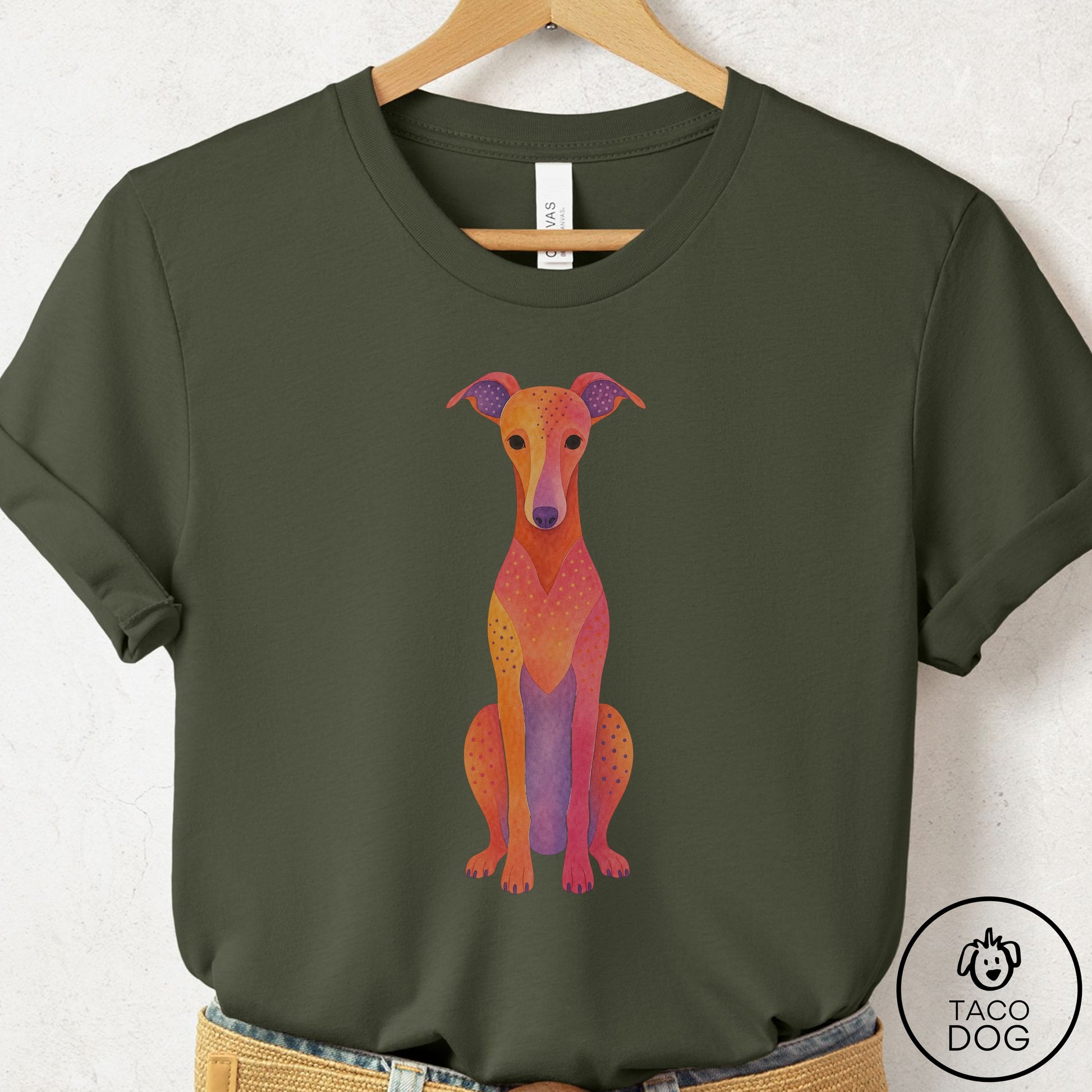 Italian Greyhound Whippet Gouache T-Shirt Military Green Taco-Dog