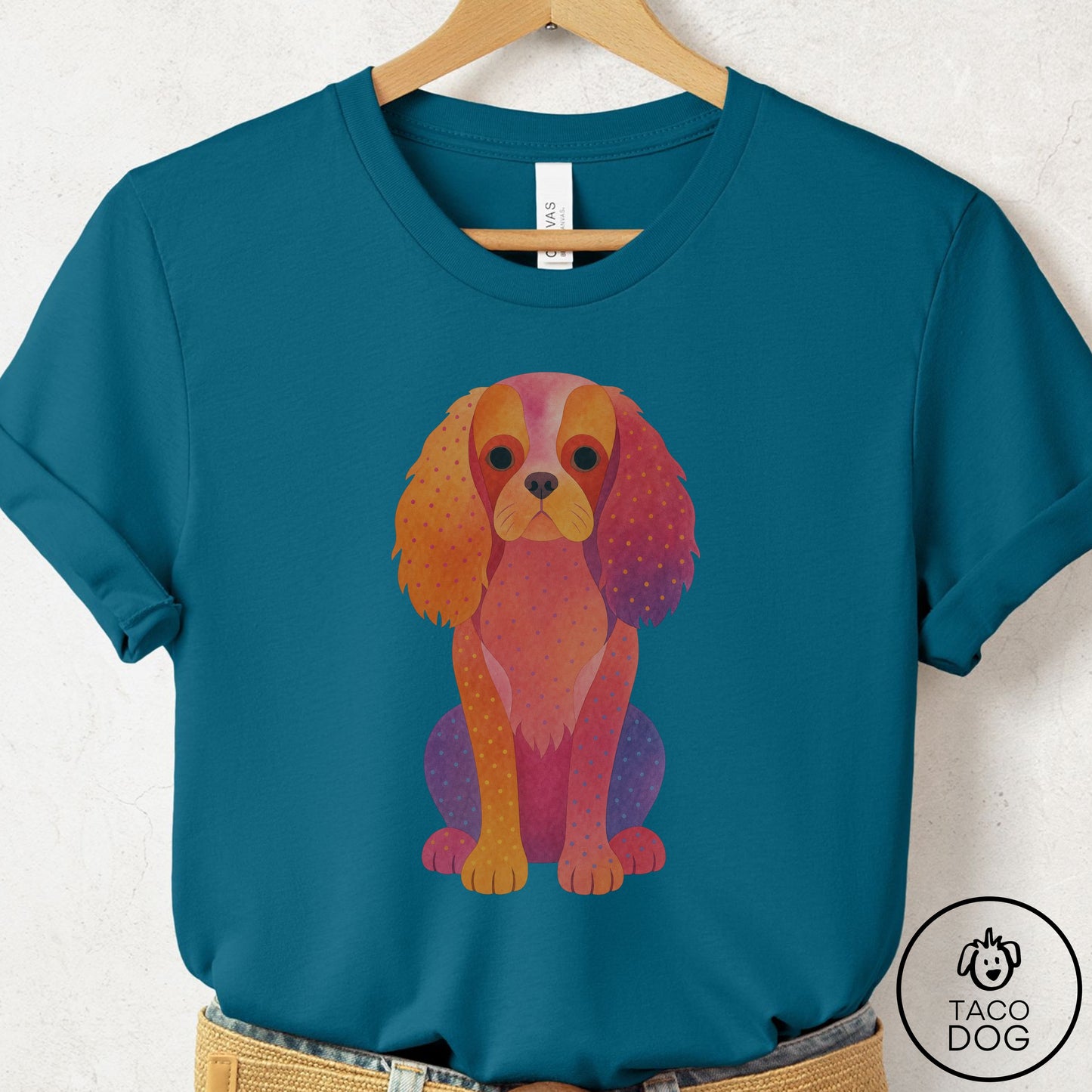 Cavalier King Charles Spaniel Gouache T-Shirt Deep Teal Taco-Dog
