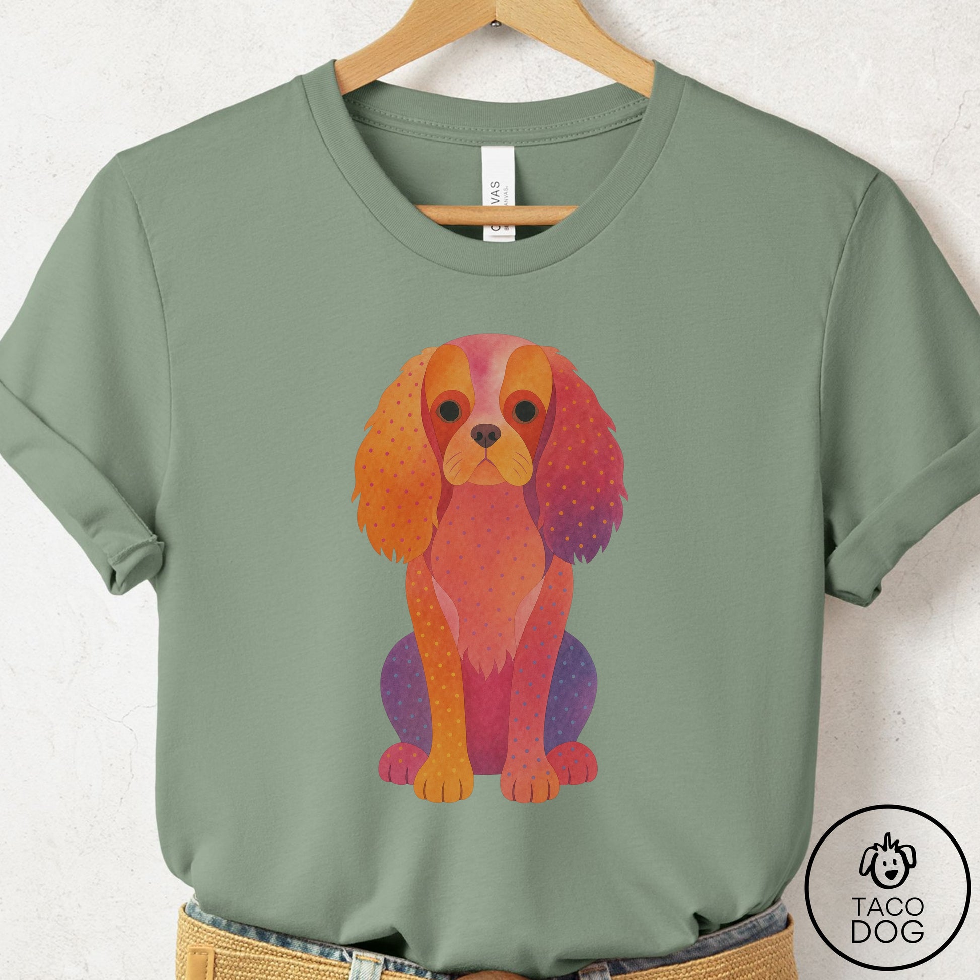 Cavalier King Charles Spaniel Gouache T-Shirt Sage Taco-Dog