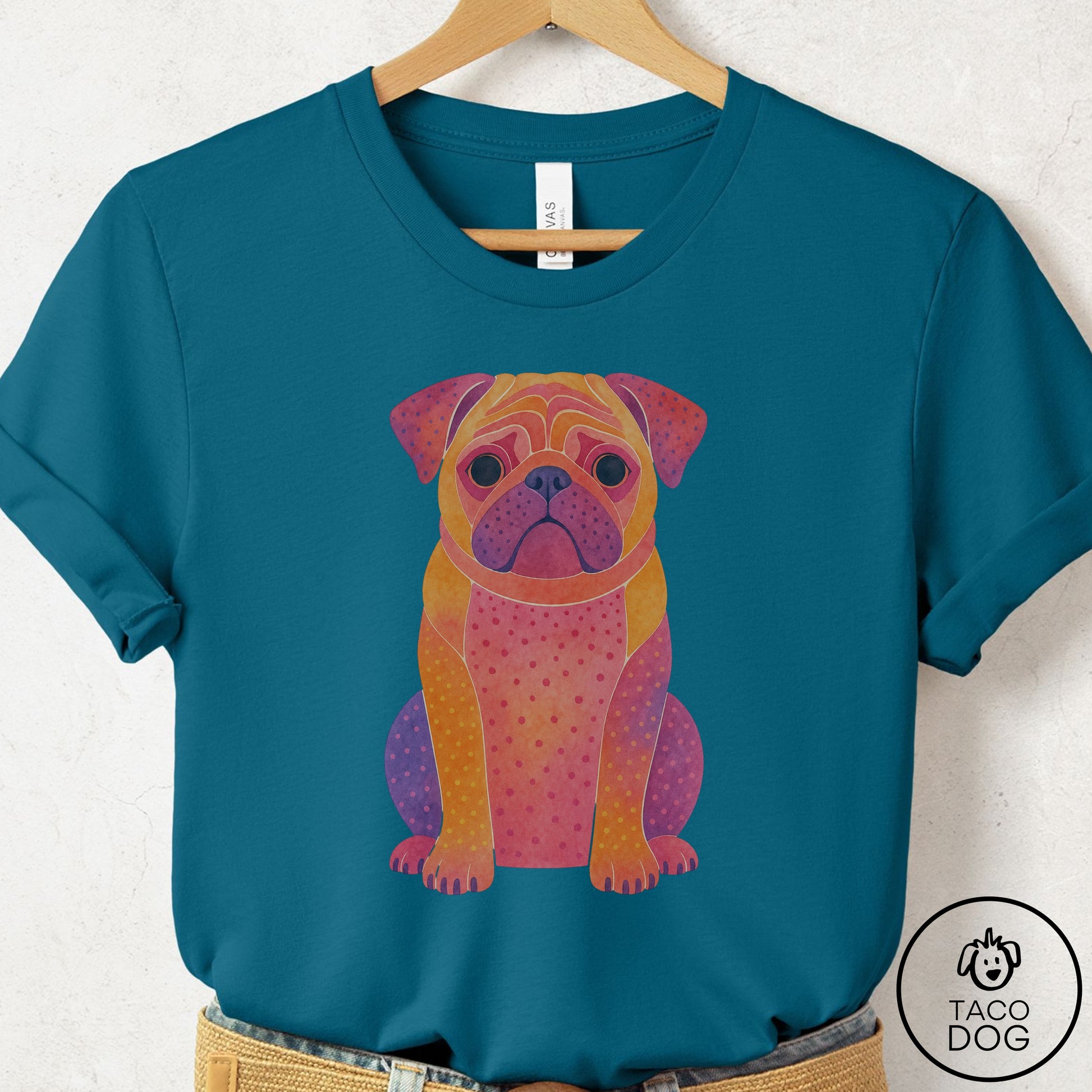 Pug Gouache T-Shirt Deep Teal Taco-Dog