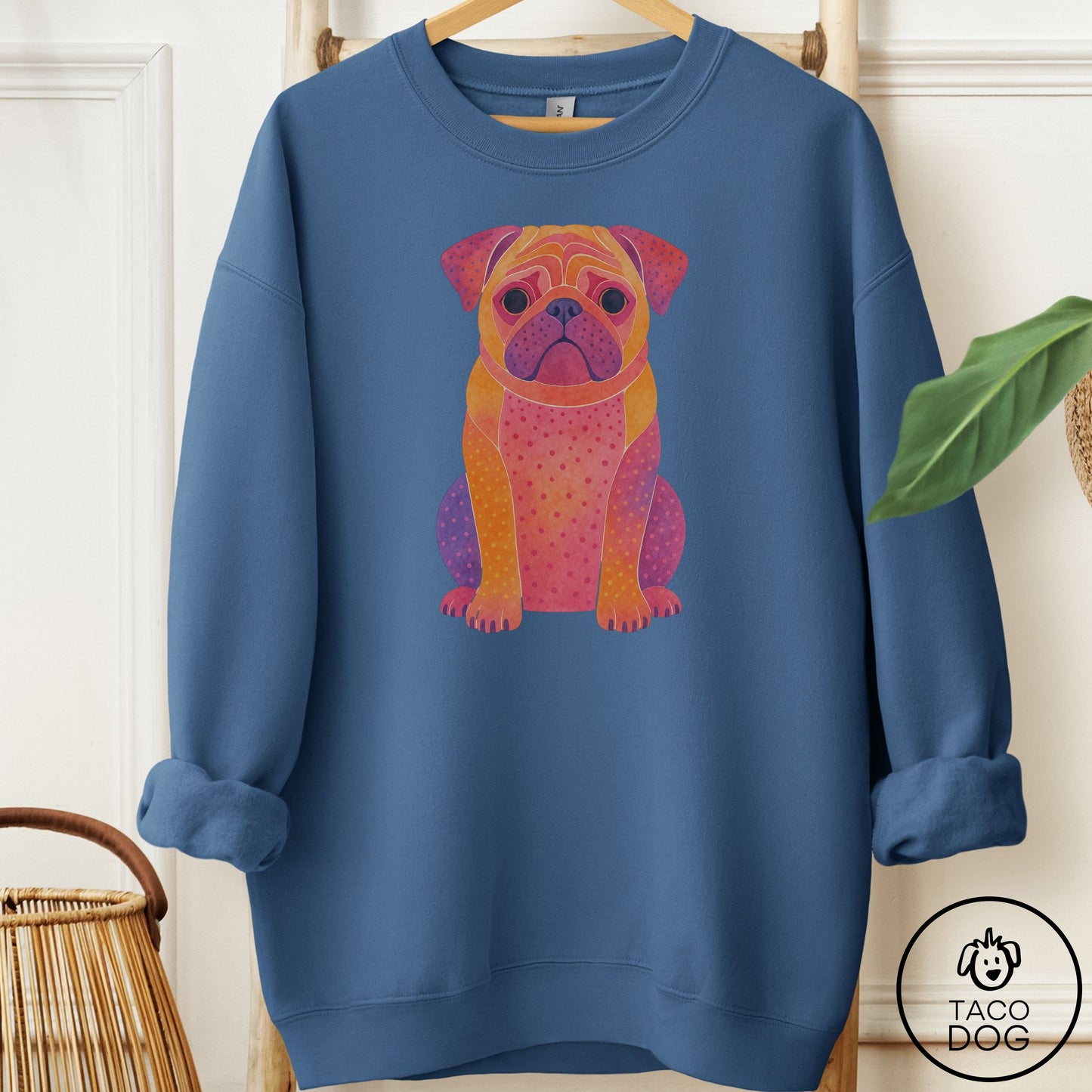 Pug Gouache Sweatshirt Indigo Blue Taco-Dog