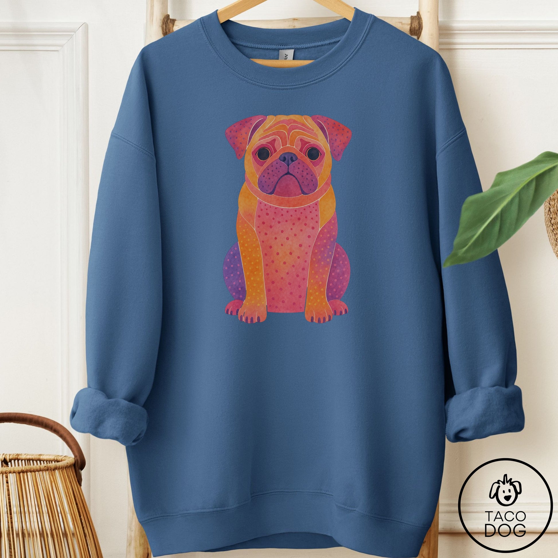 Pug Gouache Sweatshirt Indigo Blue Taco-Dog