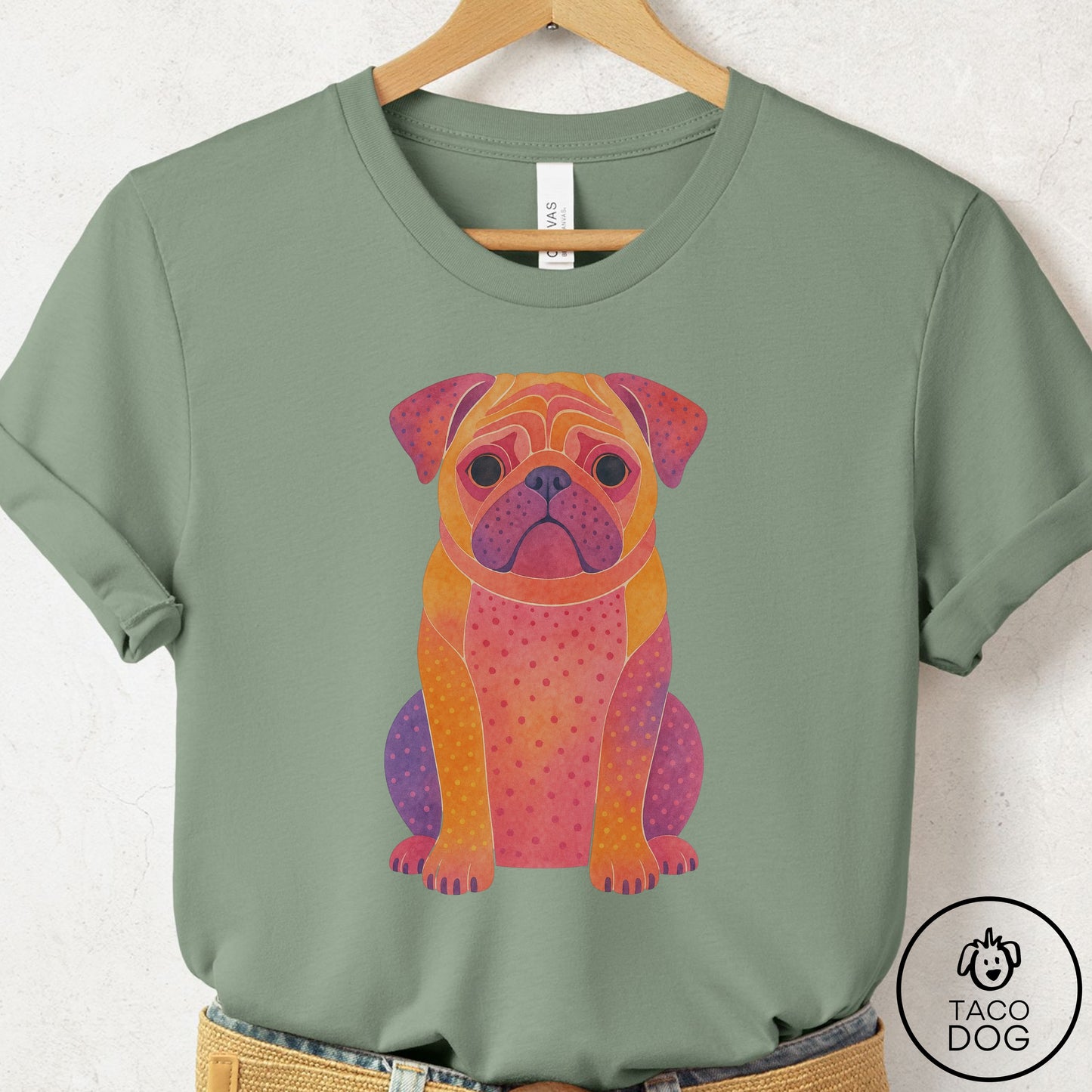 Pug Gouache T-Shirt Sage Taco-Dog