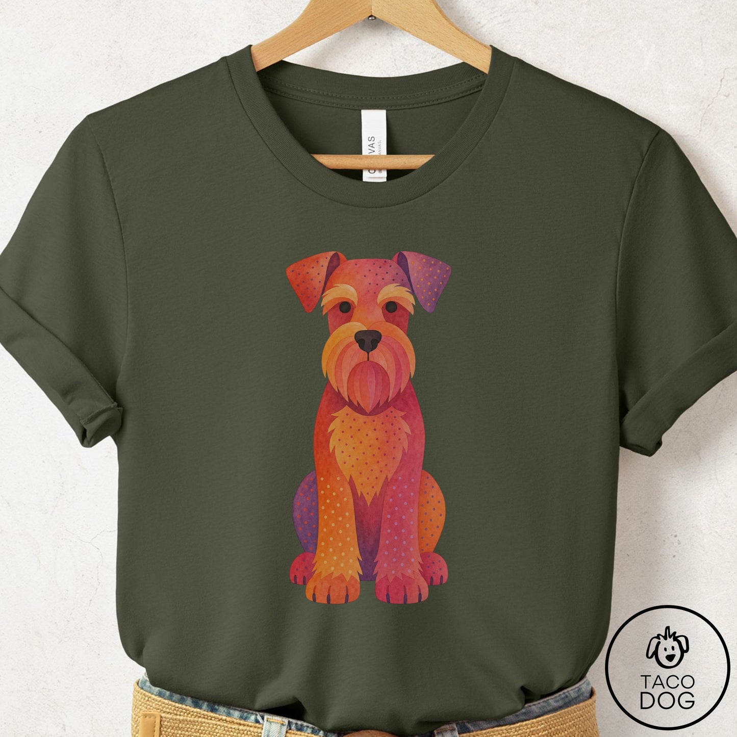 Schnauzer Gouache T-Shirt Military Green Taco-Dog