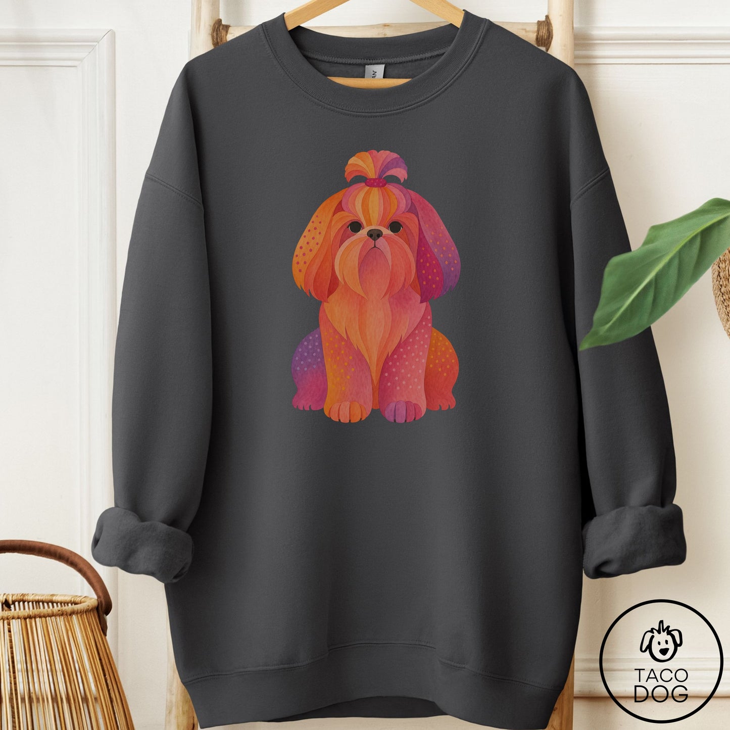 Shih Tzu Gouache Sweatshirt Charcoal Taco-Dog