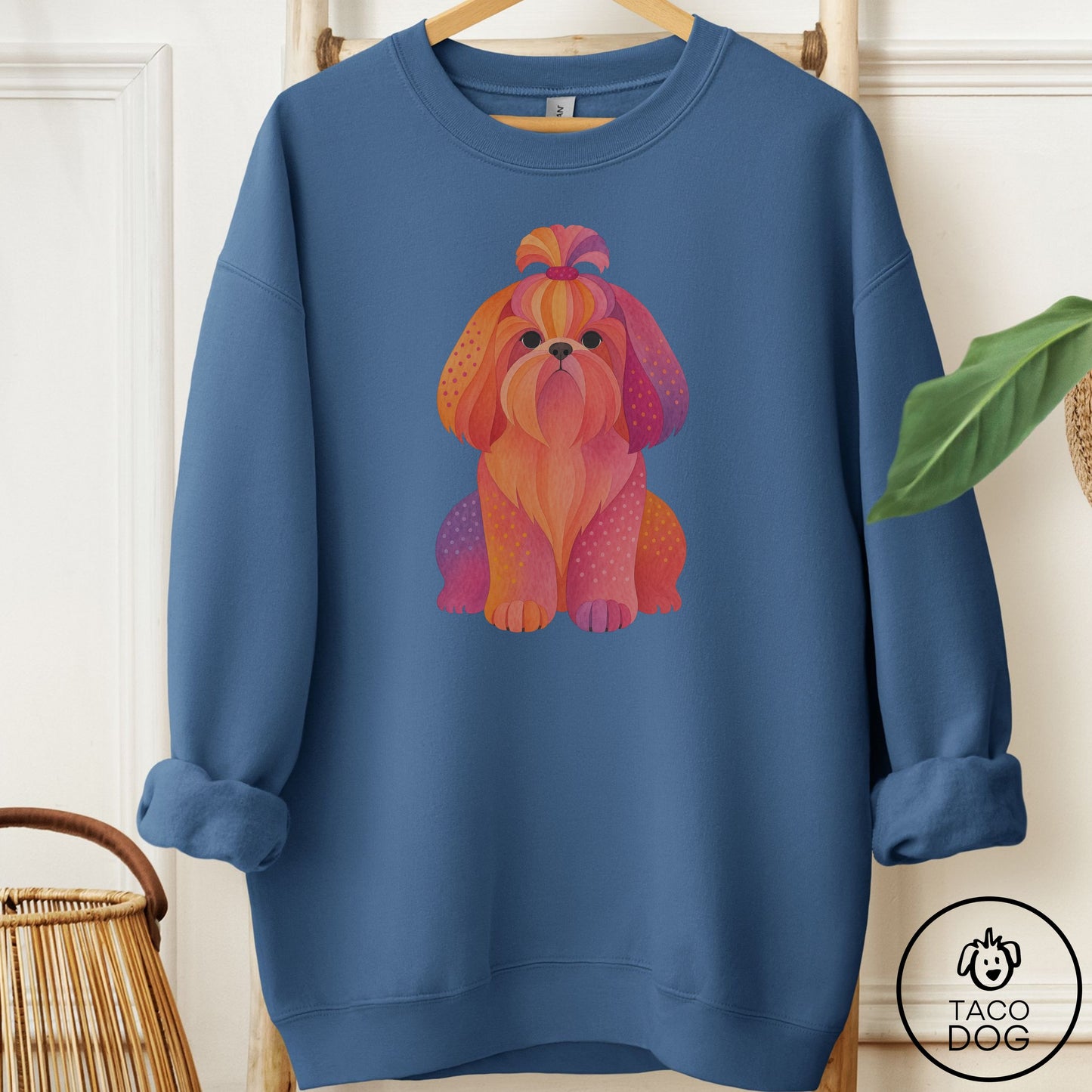 Shih Tzu Gouache Sweatshirt Indigo Blue Taco-Dog