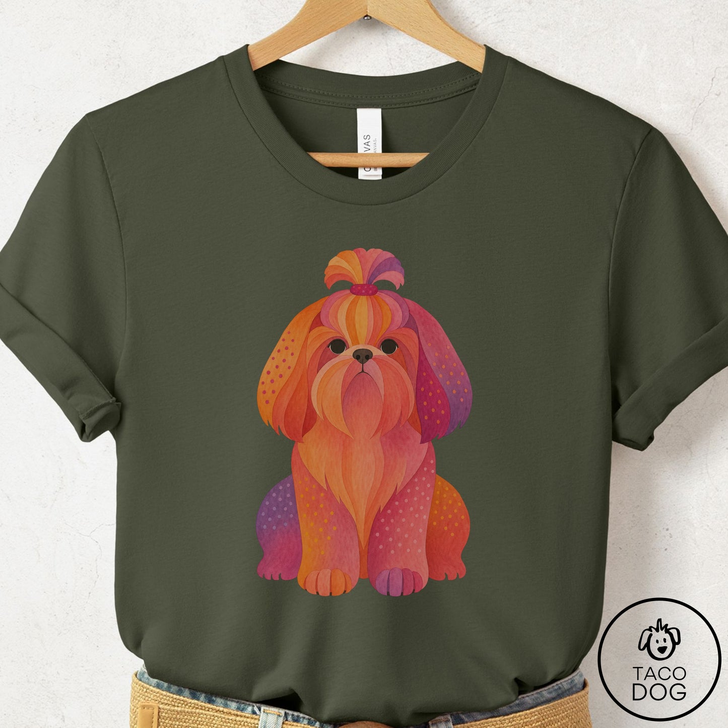 Shih Tzu Gouache T-Shirt Military Green Taco-Dog