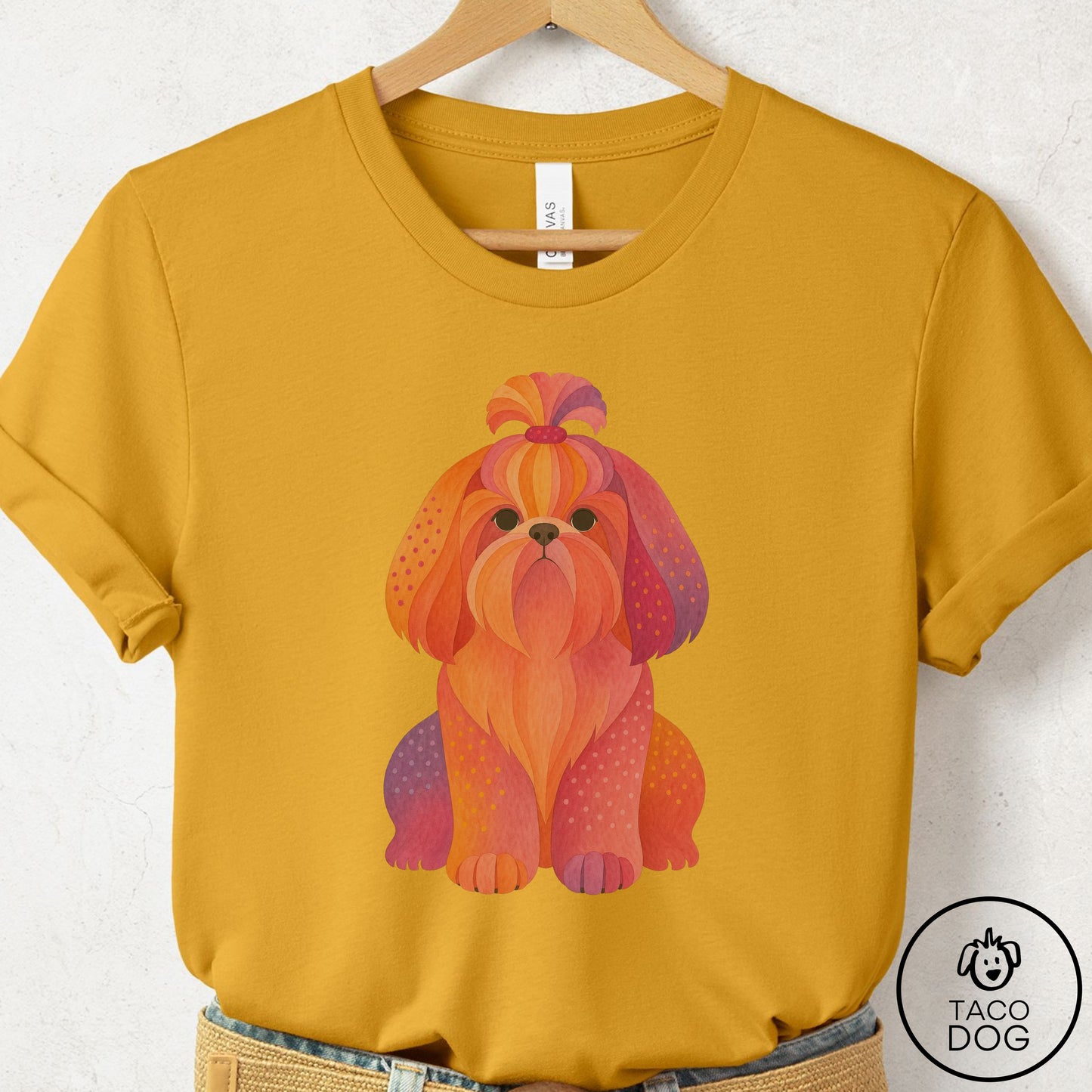 Shih Tzu Gouache T-Shirt Mustard Taco-Dog