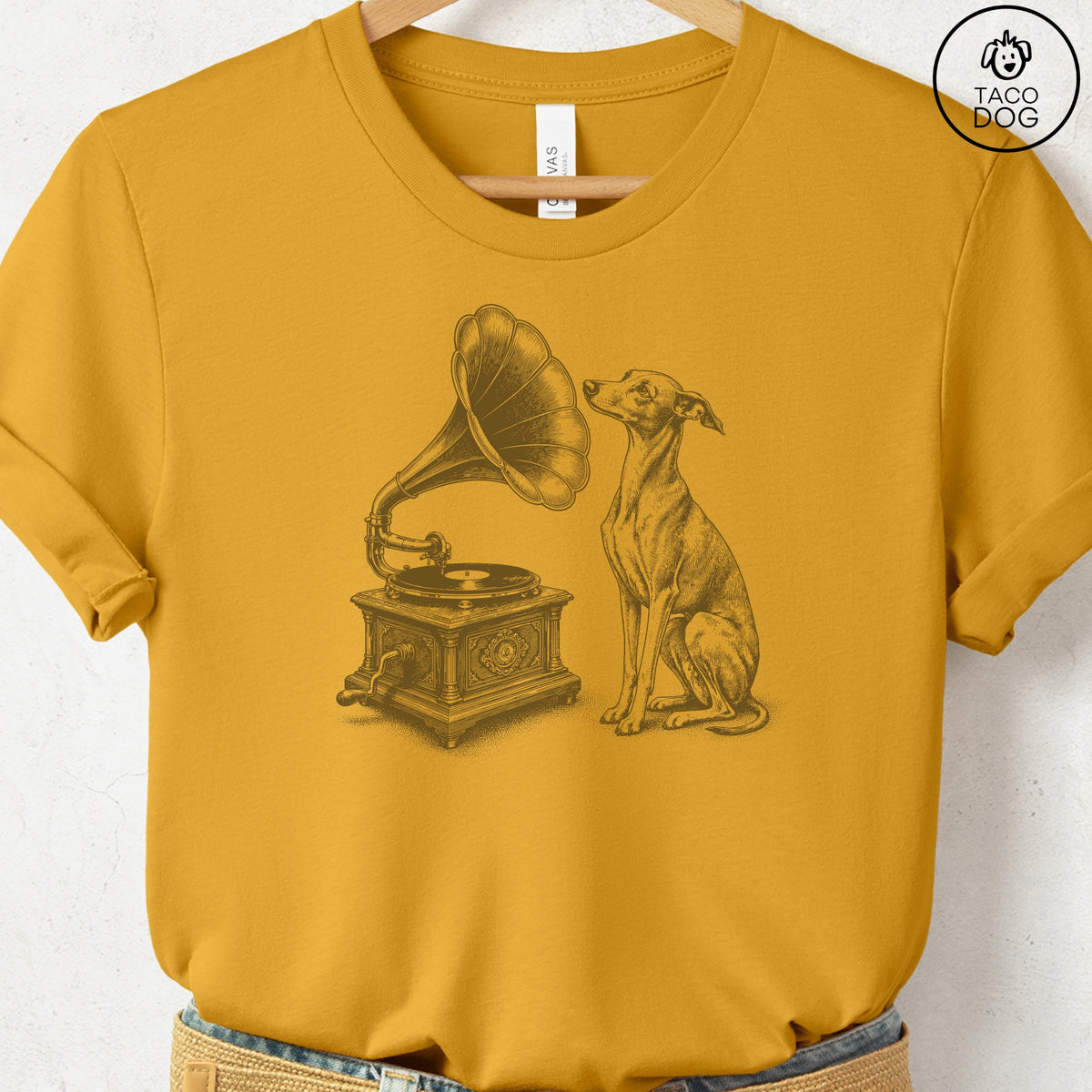 Italian Greyhound Whippet Gramophone T-Shirt, design close-up