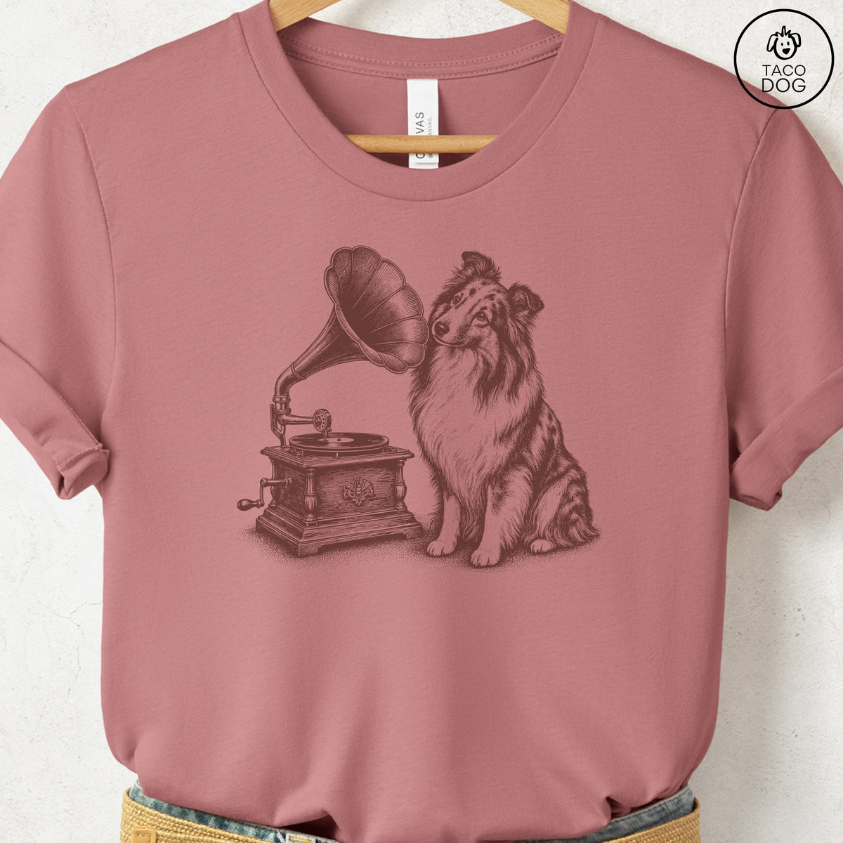 Shetland Sheepdog Gramophone T-Shirt, design close-up