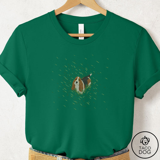 Basset Hound Green Grass T-Shirt Evergreen Taco-Dog