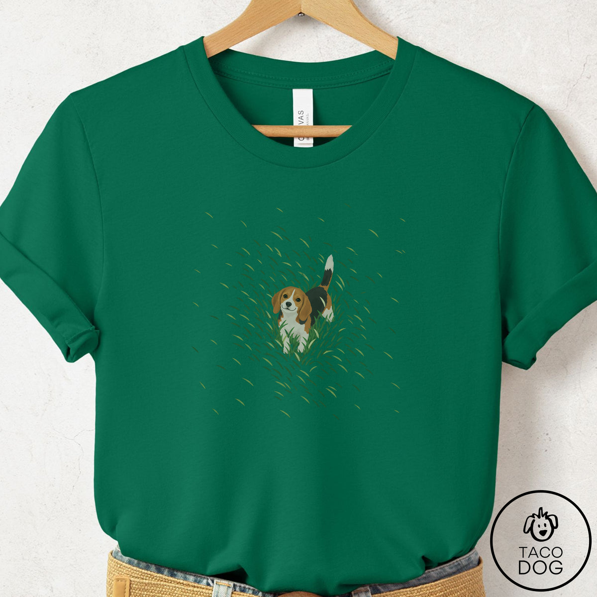 Beagle Green Grass T-Shirt Evergreen Taco-Dog