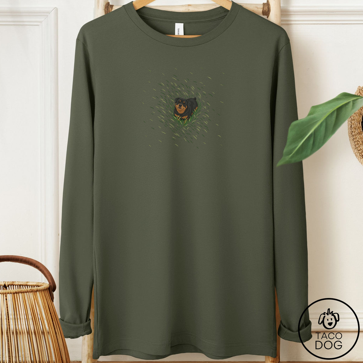Rottweiler Green Grass Long Sleeve Tee Military Green Taco-Dog